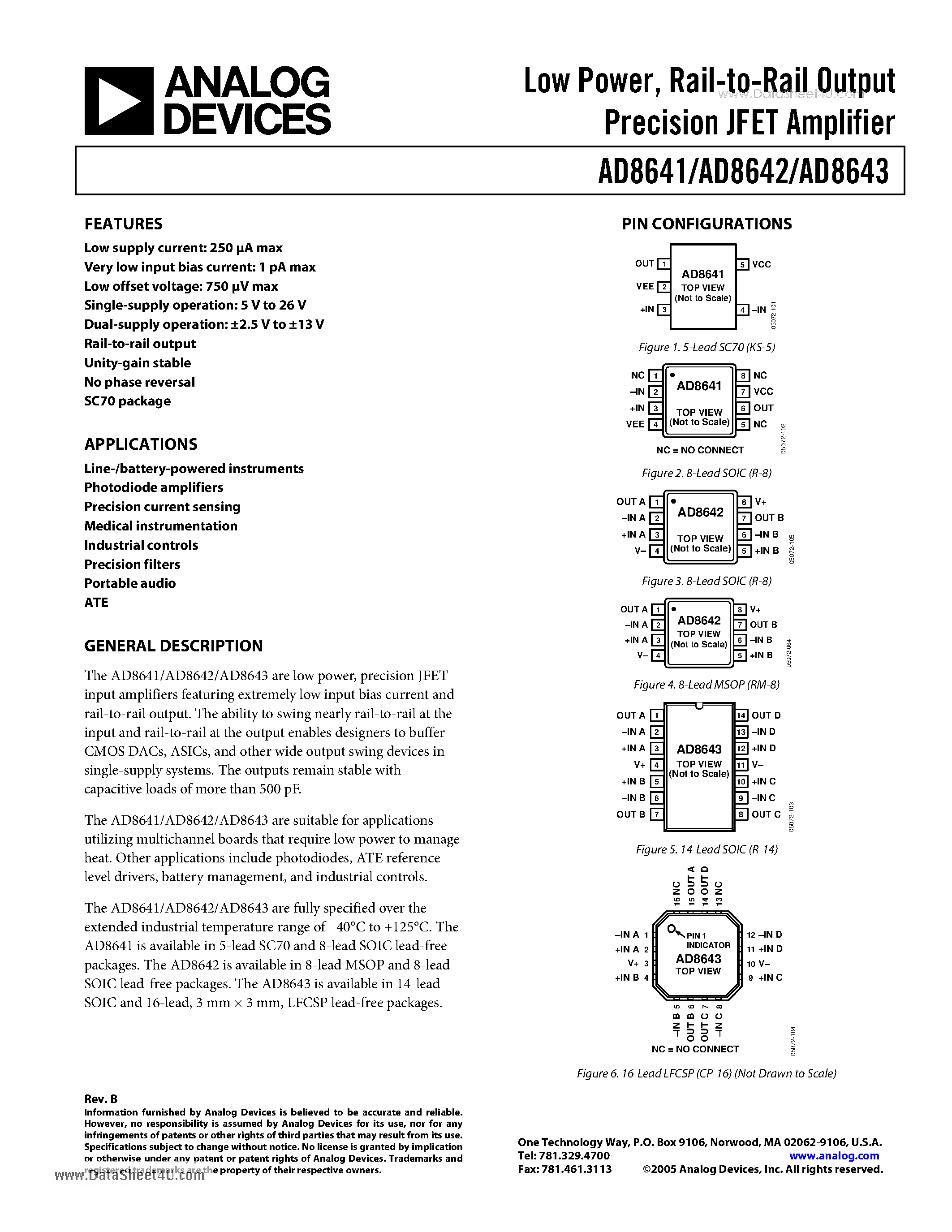 Даташит AD8641 - Low Power Rail-to-Rail Output Precision JFET Amplifier страница 1