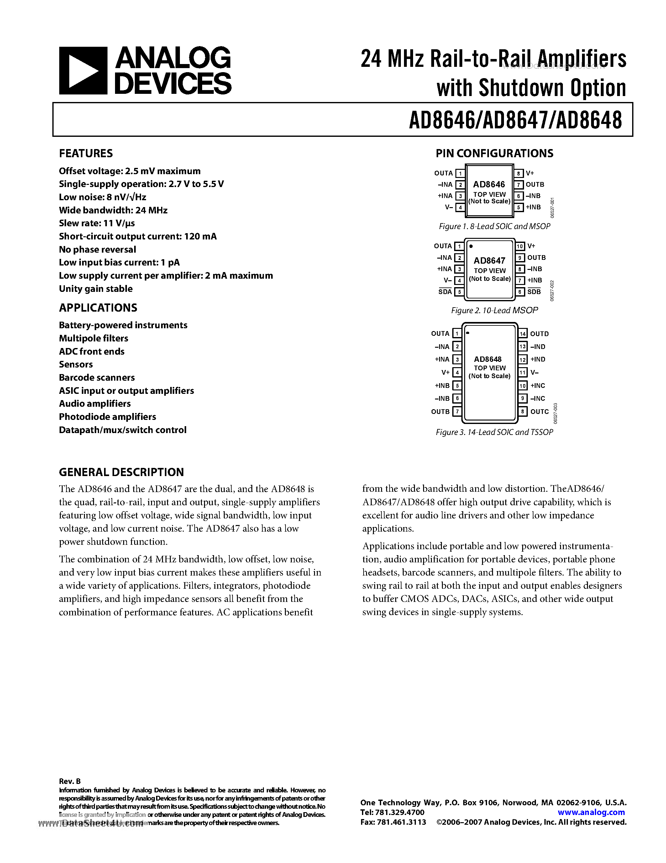 Даташит AD8646 - 24 MHz Rail-to-Rail Amplifiers with Shutdown Option страница 1