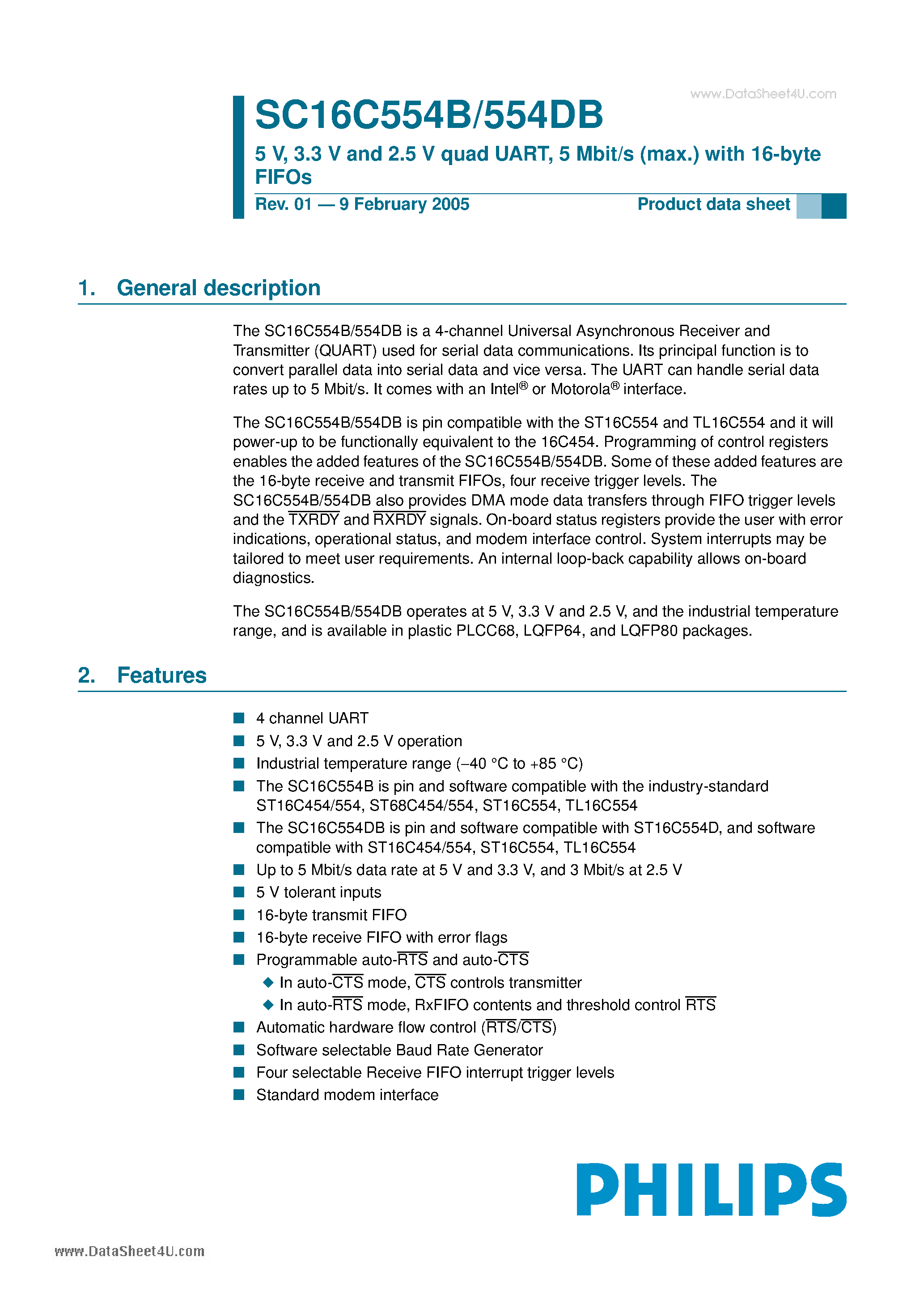 Даташит SC16C554B - 5 V 3.3 V and 2.5 V quad UART - 5 Mbit/s (max.) with 16-byte FIFOs страница 1