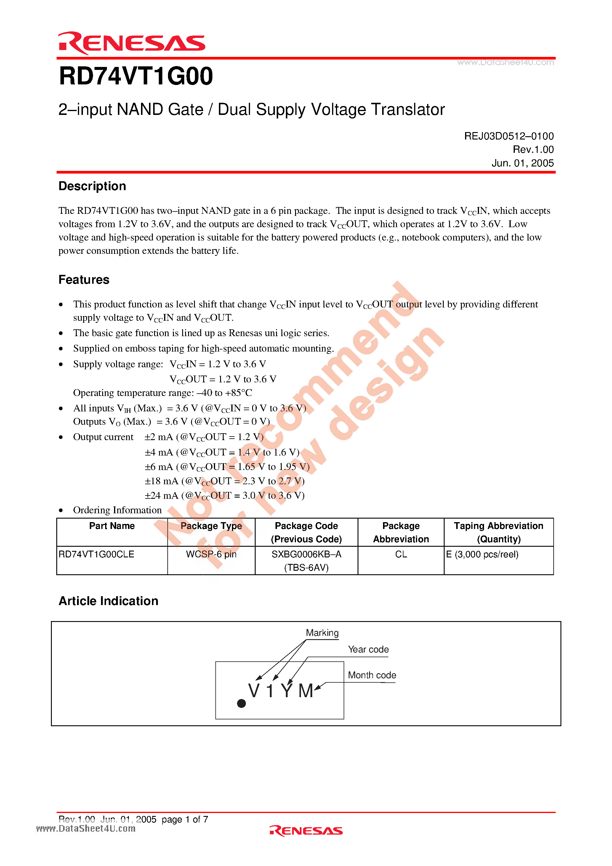 Даташит RD74VT1G00 - 2-input NAND Gate / Dual Supply Voltage Translator страница 1