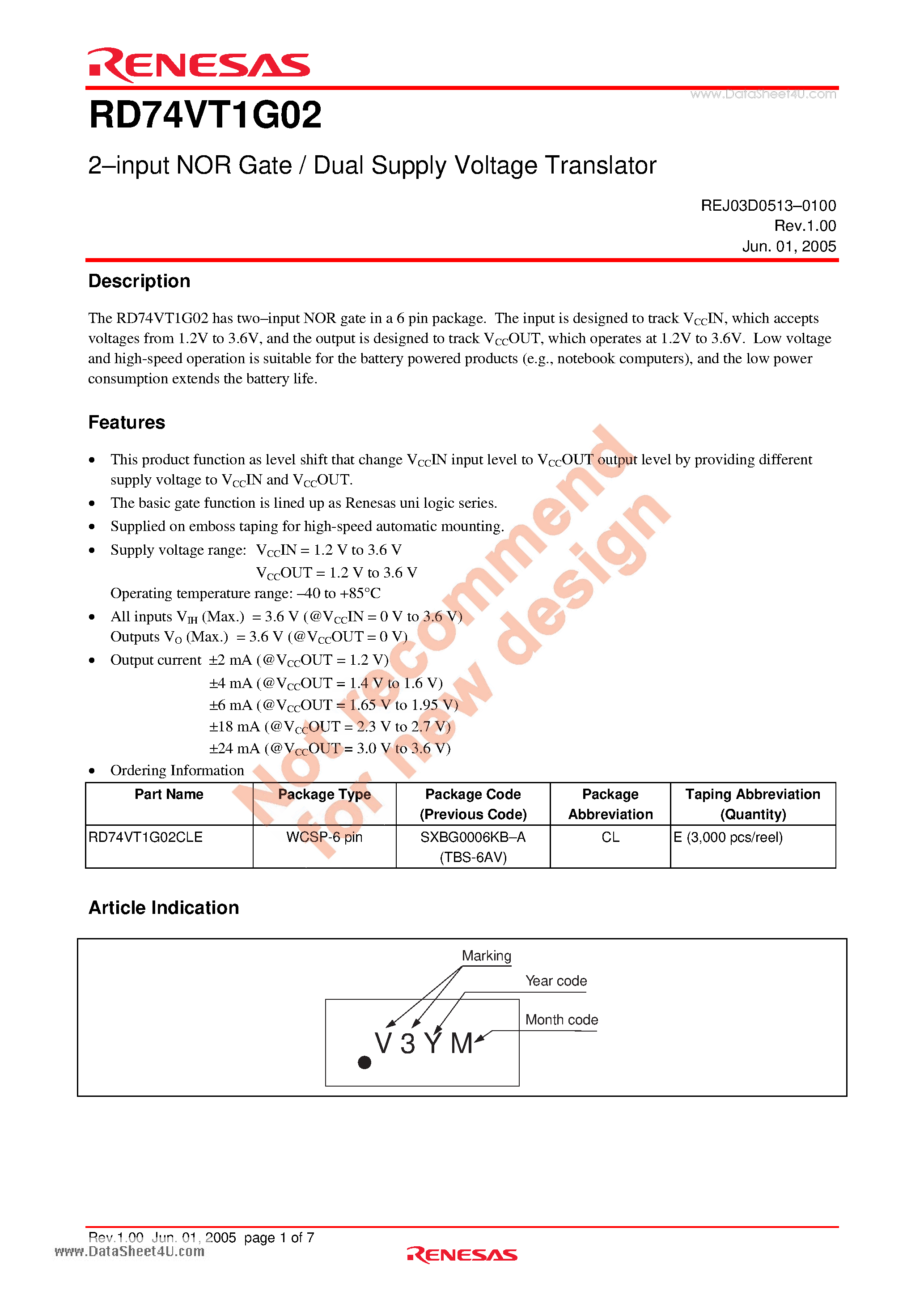 Даташит RD74VT1G02 - 2-input NOR Gate / Dual Supply Voltage Translator страница 1