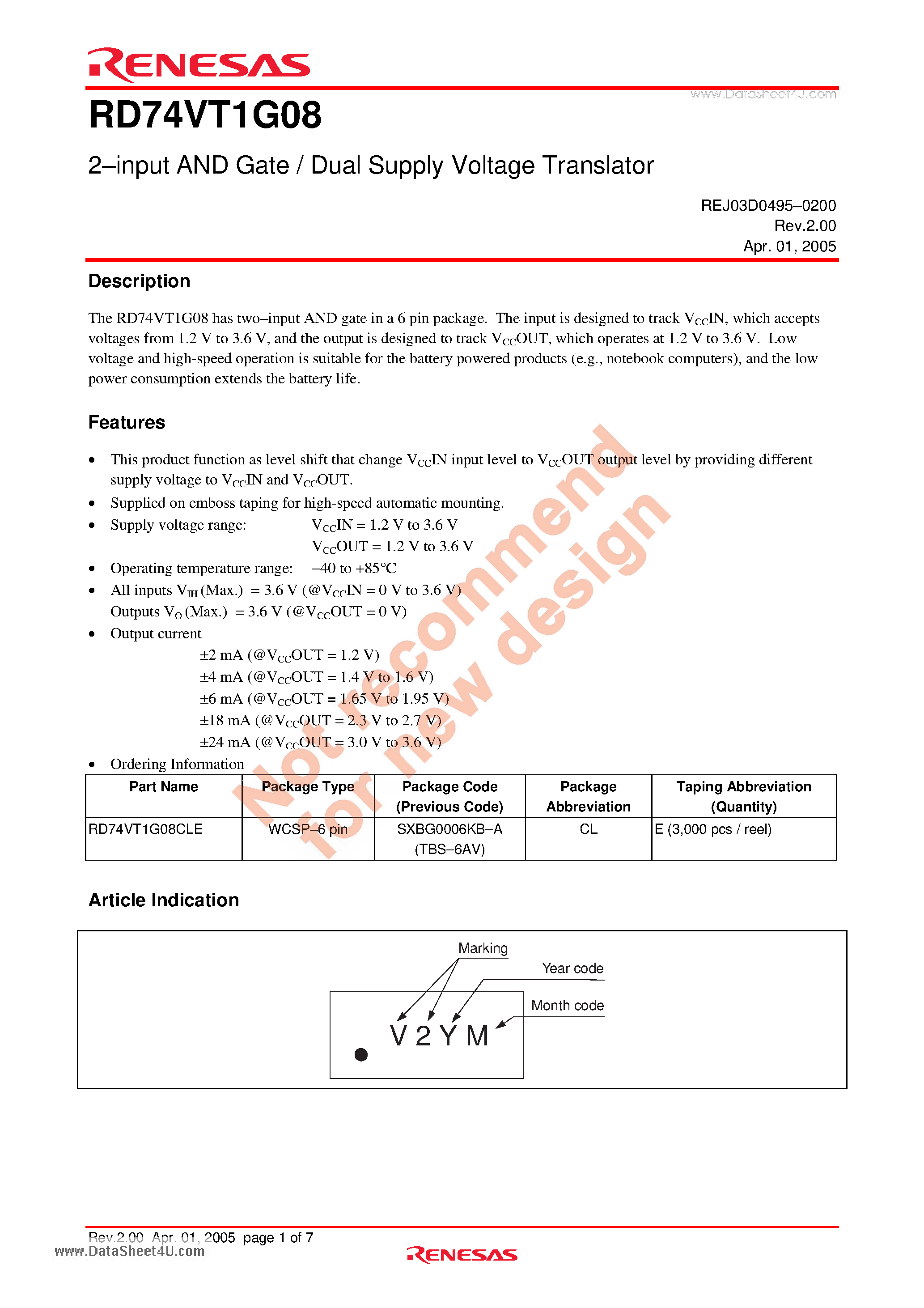 Даташит RD74VT1G08 - 2-input AND Gate / Dual Supply Voltage Translator страница 1