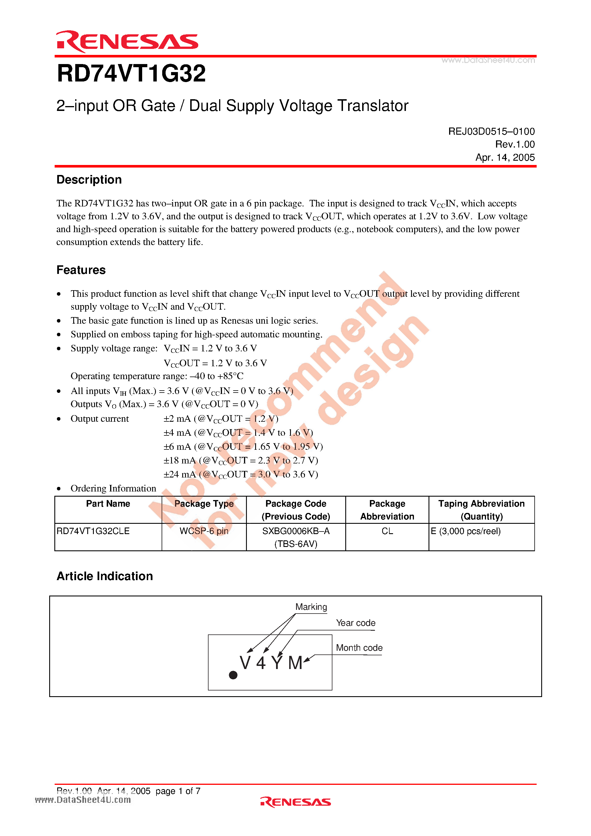 Даташит RD74VT1G32 - 2-input OR Gate / Dual Supply Voltage Translator страница 1