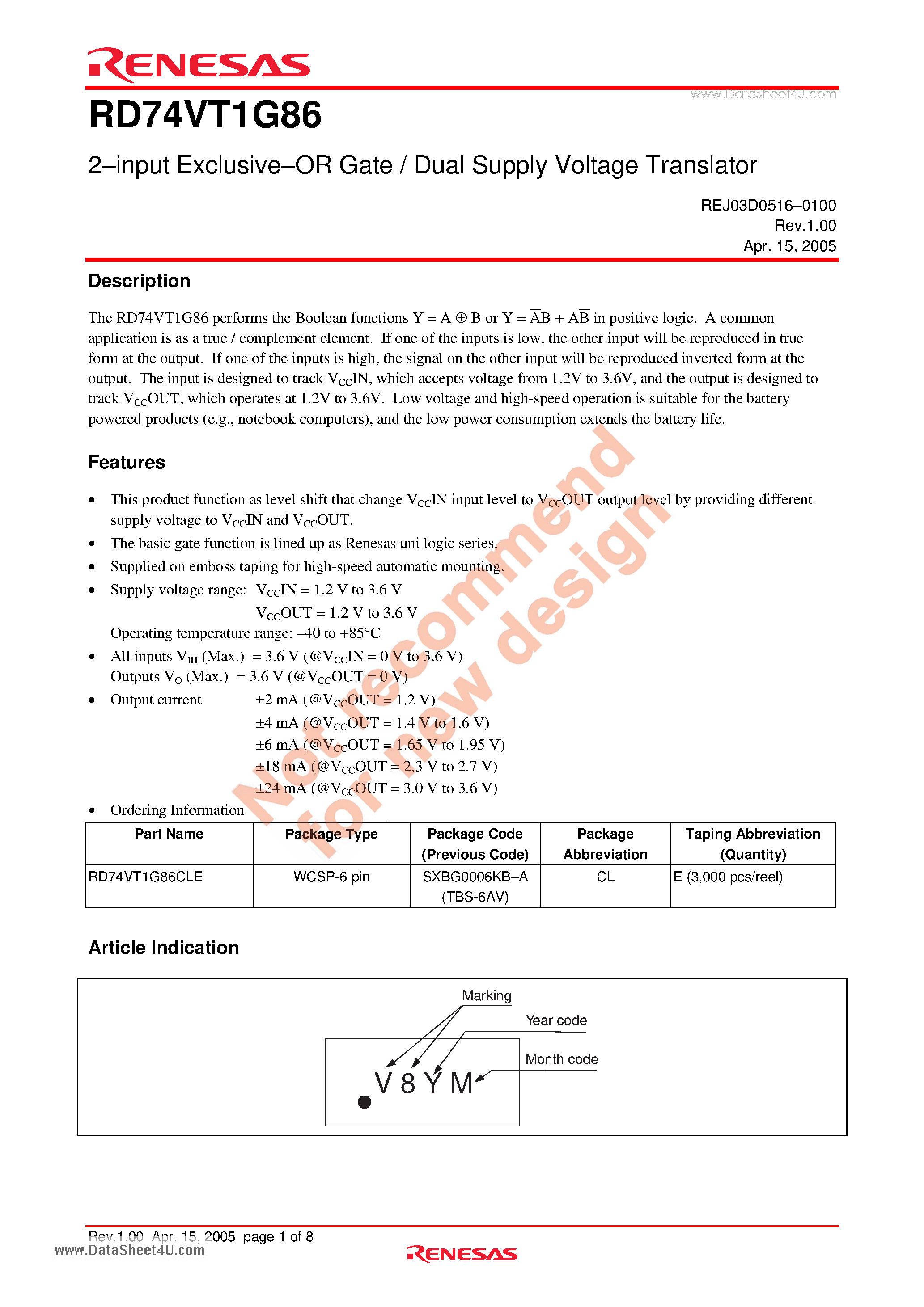 Даташит RD74VT1G86 - 2-input Exclusive-OR Gate / Dual Supply Voltage Translator страница 1