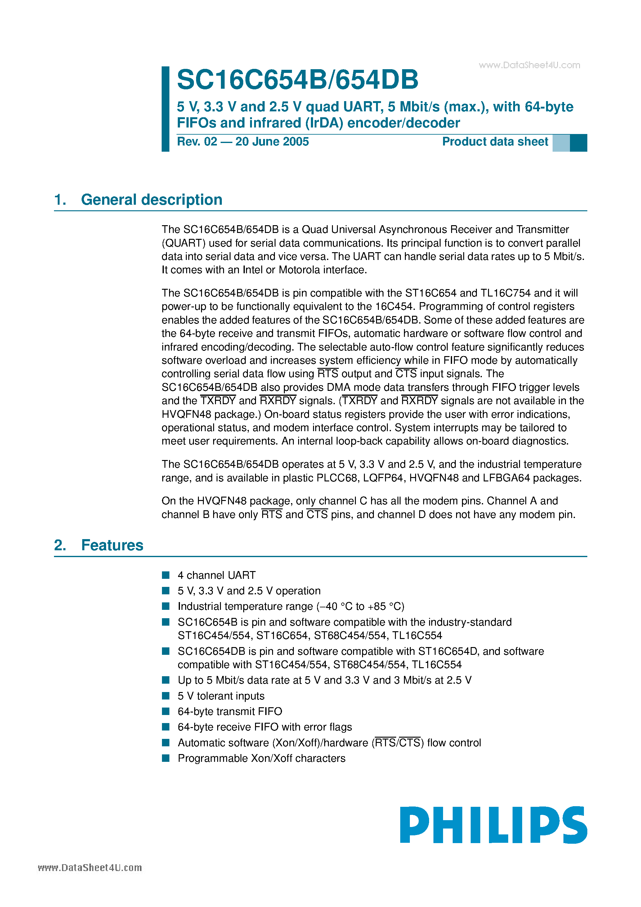 Даташит SC16C654B - 5 V - 3.3 V and 2.5 V quad UART - 5 Mbit/s (max.) страница 1