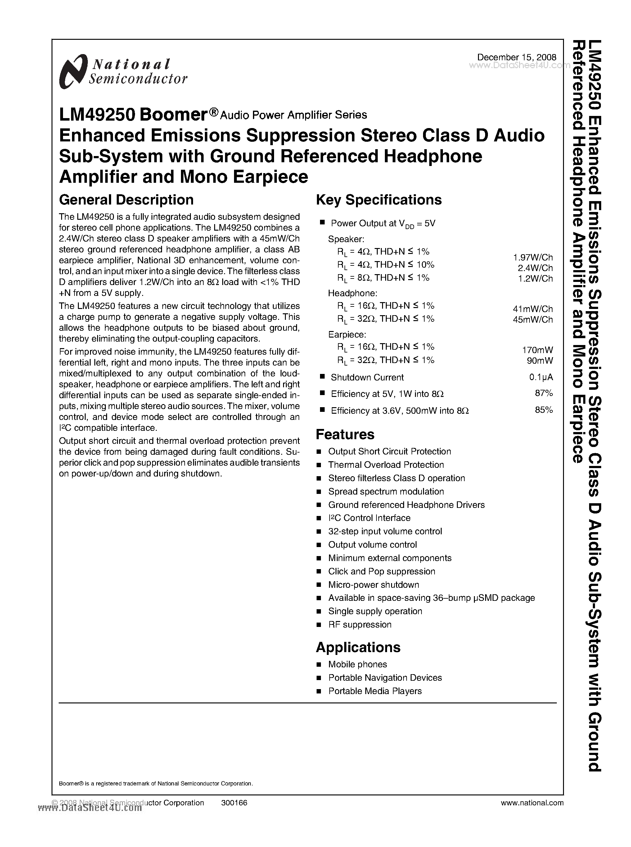 Даташит LM49250 - Enhanced Emissions Suppression Stereo Class D Audio Sub-System страница 1