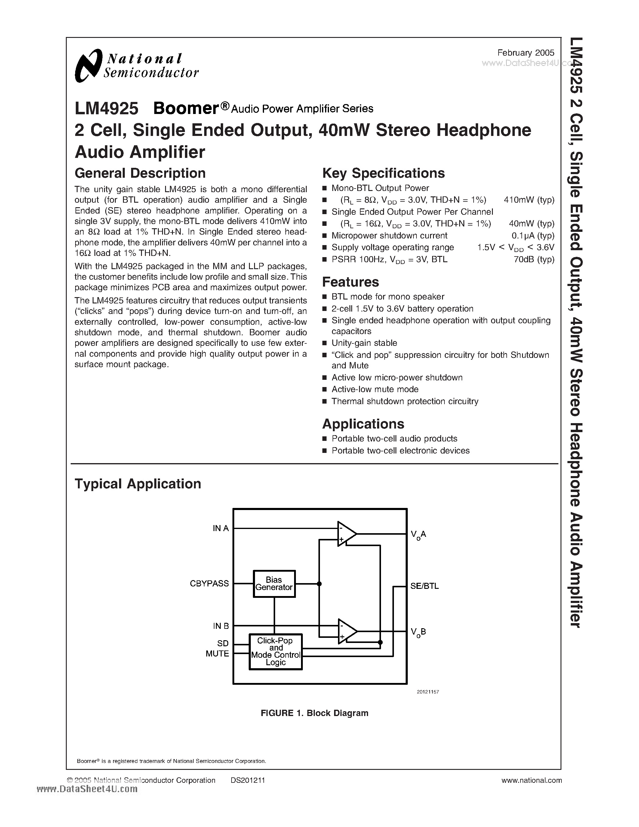 Даташит LM4925 - 2 Cell/ Single Ended Output 40mW Stereo Headphone Audio Amplifier страница 1