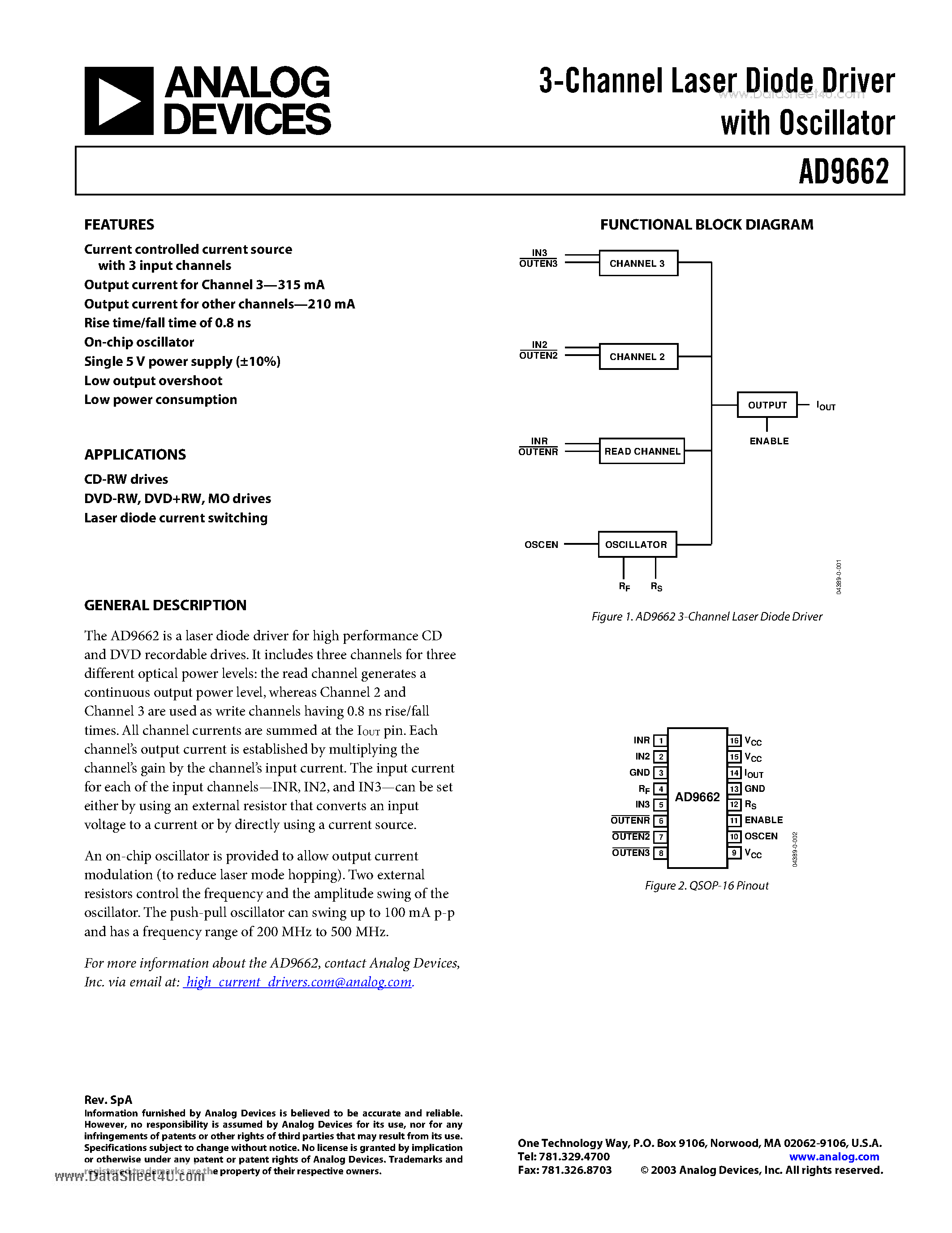 Datasheet AD9662 - 3-Channel Laser Diode Driver with Oscillator page 1