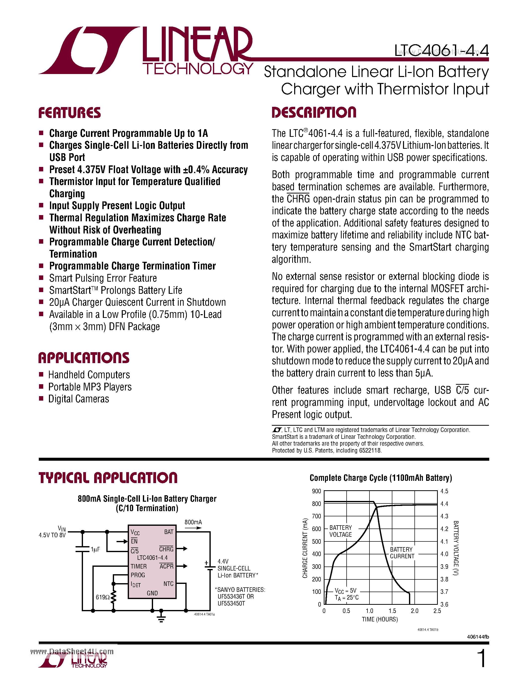 Даташит LTC4061-4.4 - Standalone Linear Li-Ion Battery Charger страница 1