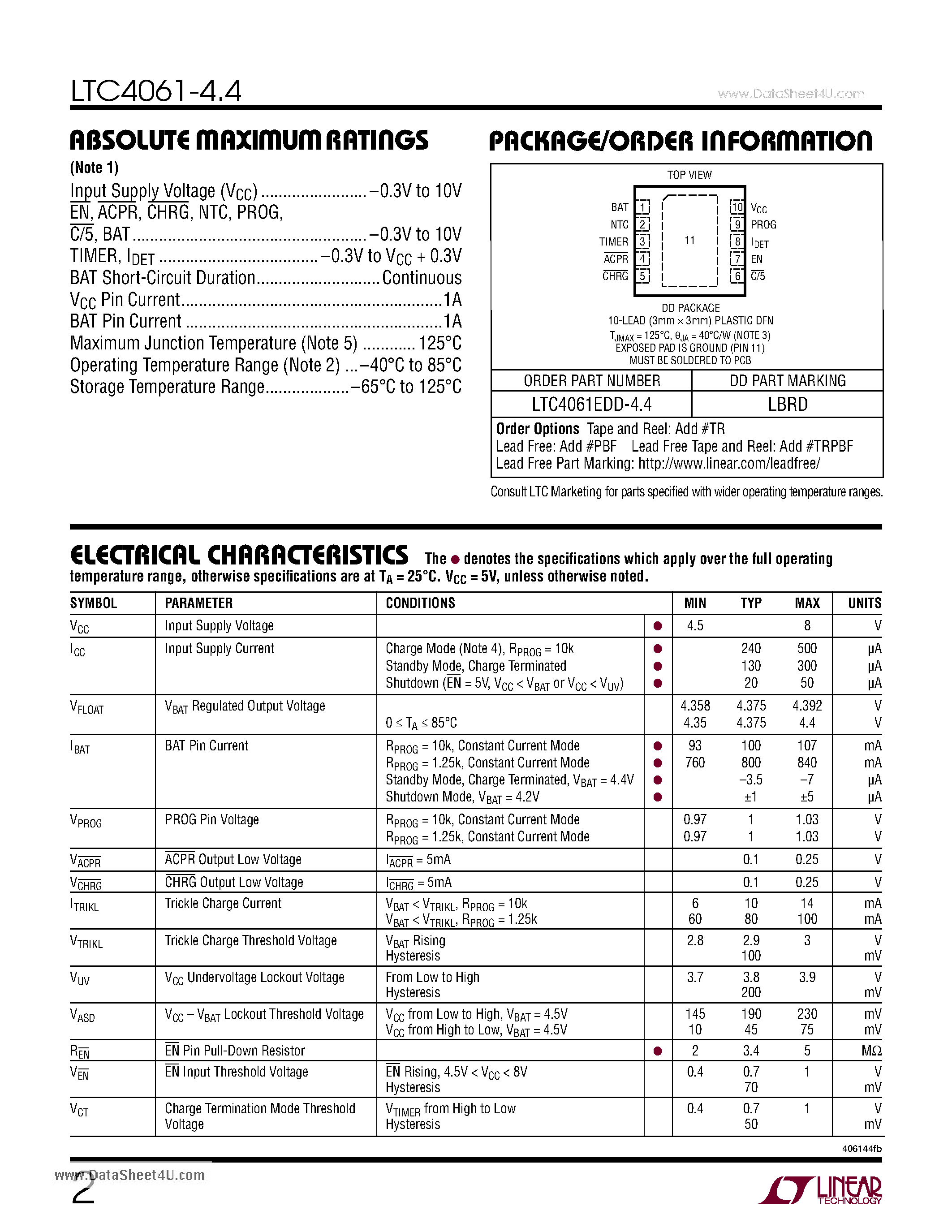 Даташит LTC4061-4.4 - Standalone Linear Li-Ion Battery Charger страница 2