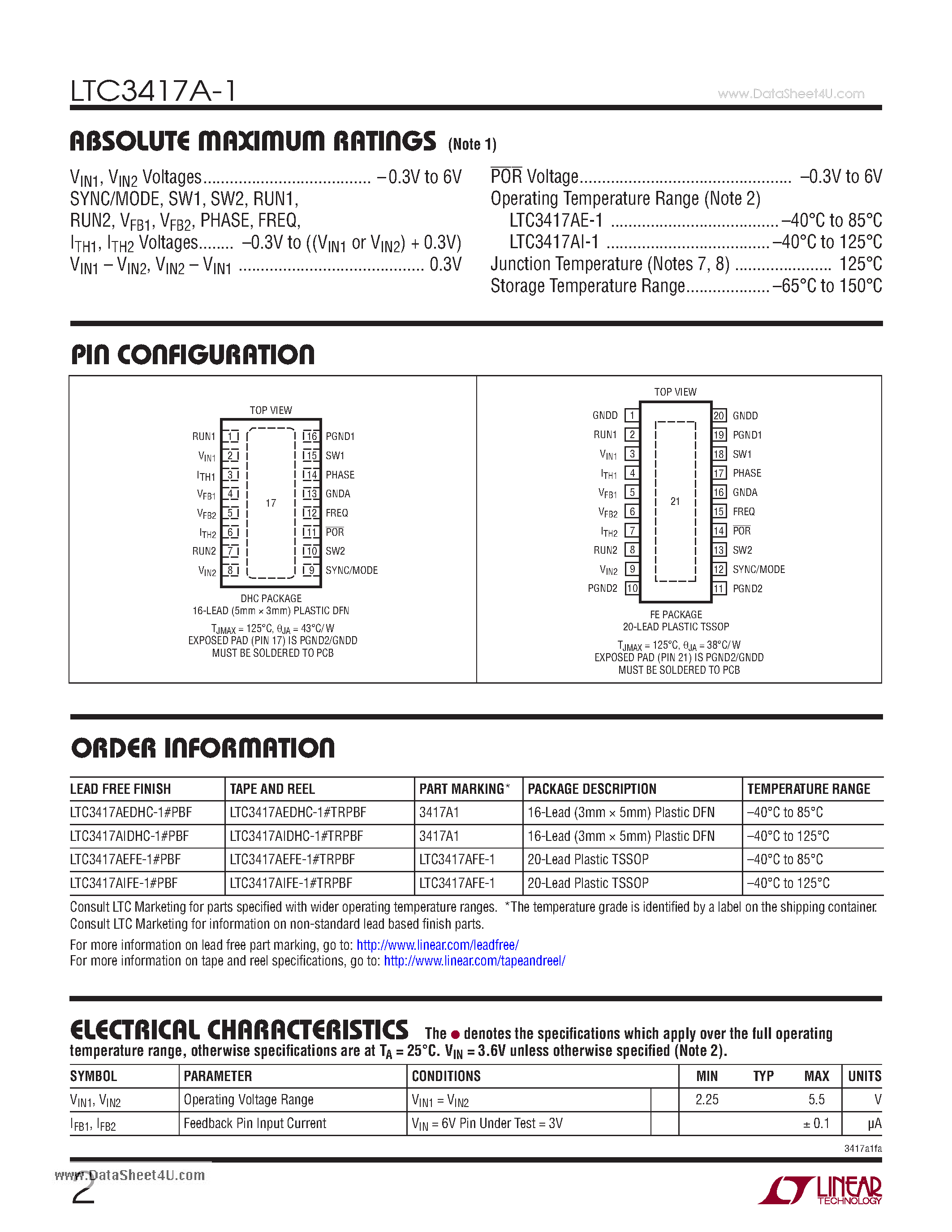 Даташит LTC3417A-1 - Dual Synchronous 1.5A/1A 4MHz Step-Down DC/DC Regulator with POR страница 2