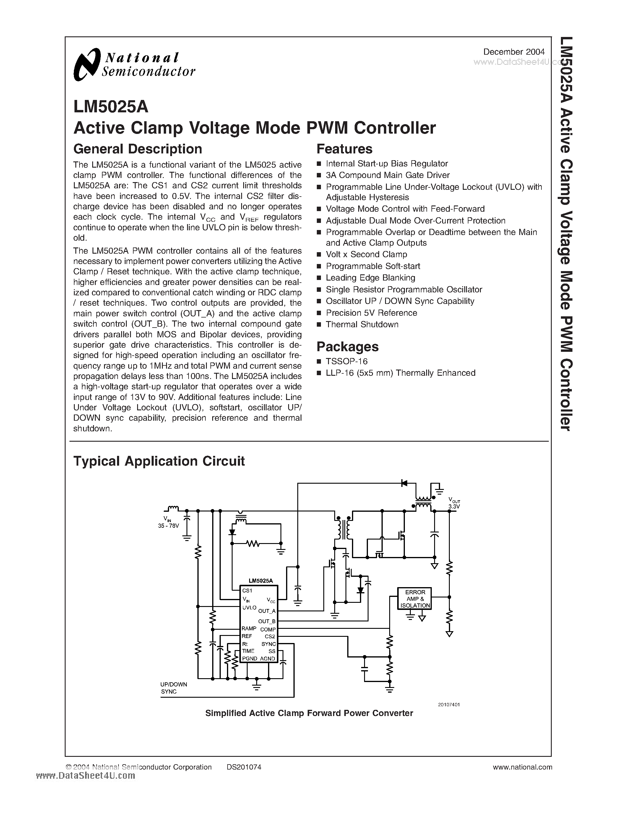 Datasheet LM5025A - Active Clamp Voltage Mode PWM Controller page 1