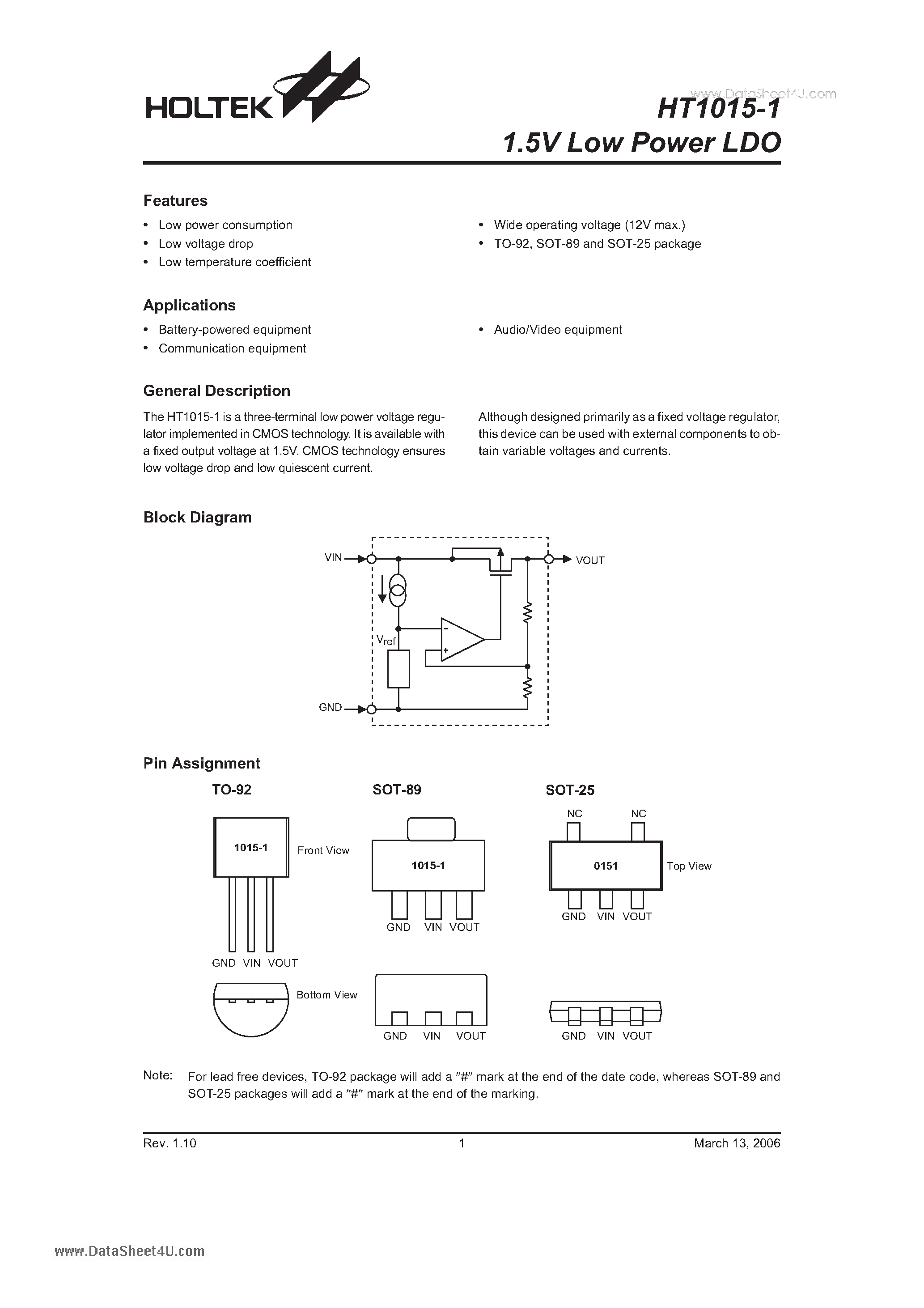 Даташит HT1015-1 - 1.5V Low Power LDO страница 1