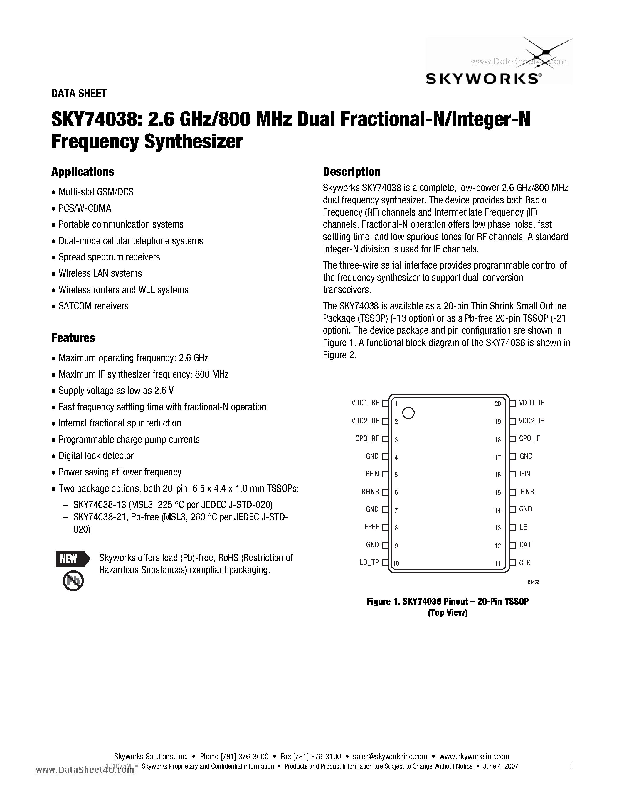 Даташит SKY74038 - 2.6 GHz/800 MHz Dual Fractional-N/lnteger-N Frequency Synthesizer страница 1