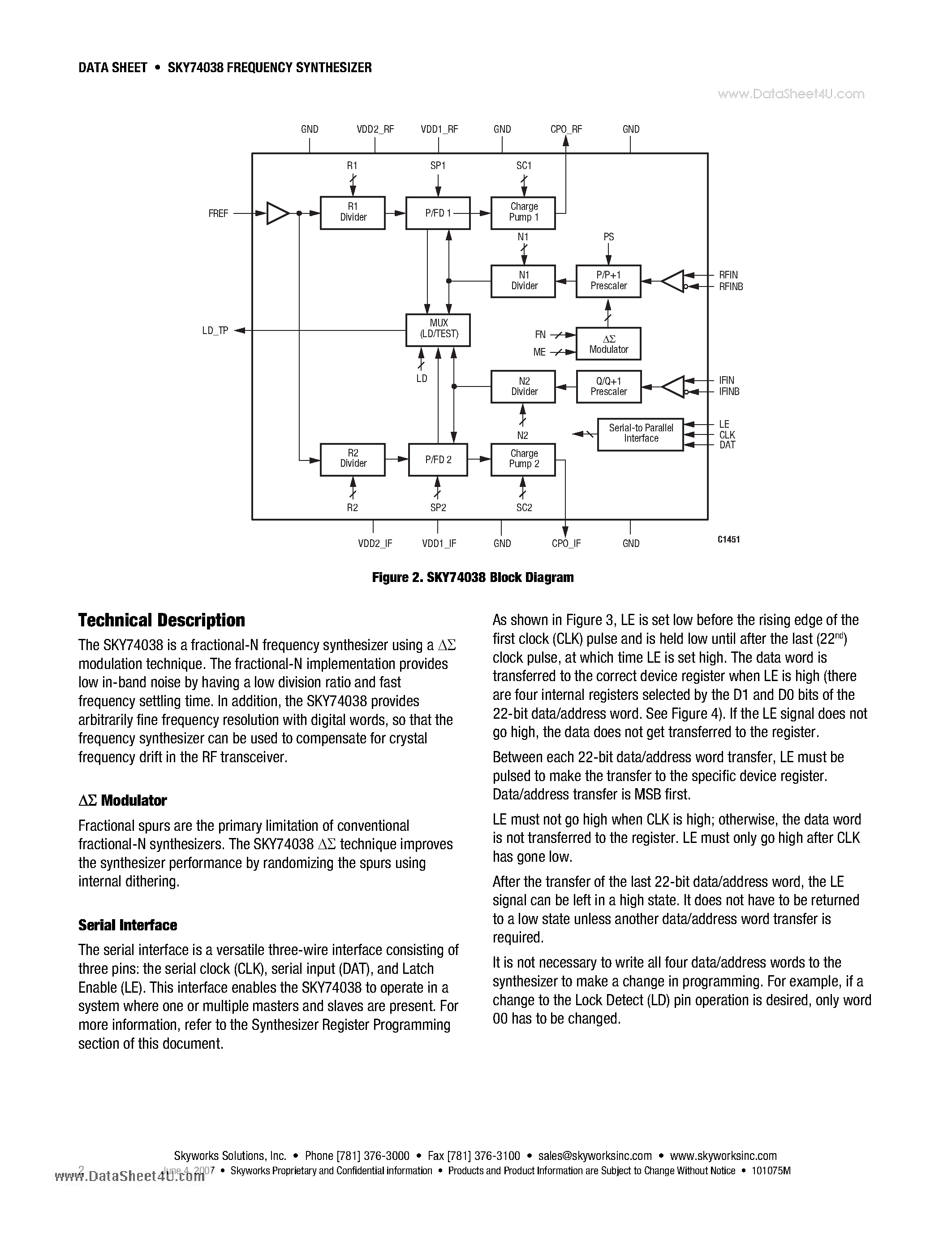 Даташит SKY74038 - 2.6 GHz/800 MHz Dual Fractional-N/lnteger-N Frequency Synthesizer страница 2