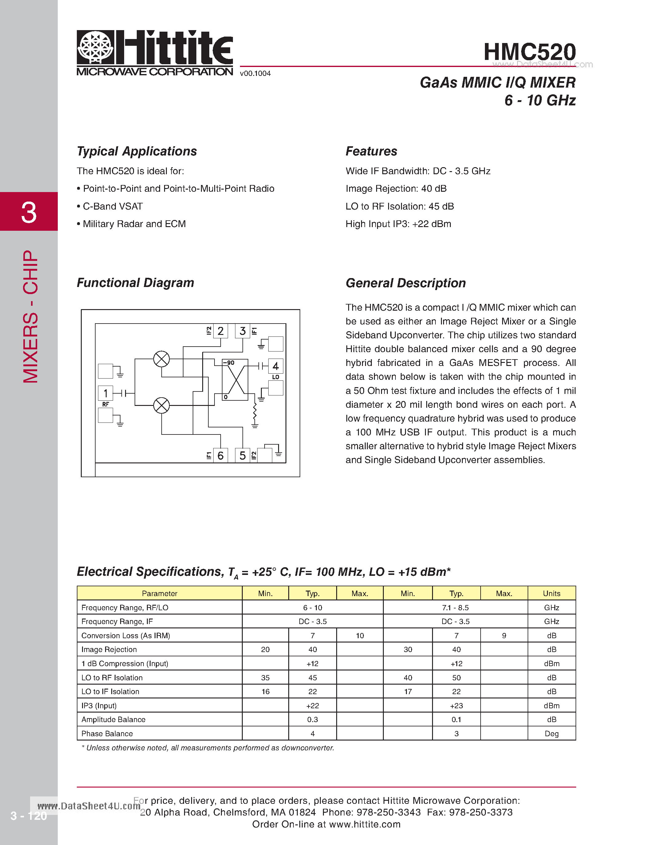 Даташит HMC520 - GaAs MMIC I/Q MIXER 6 - 10 GHz страница 1