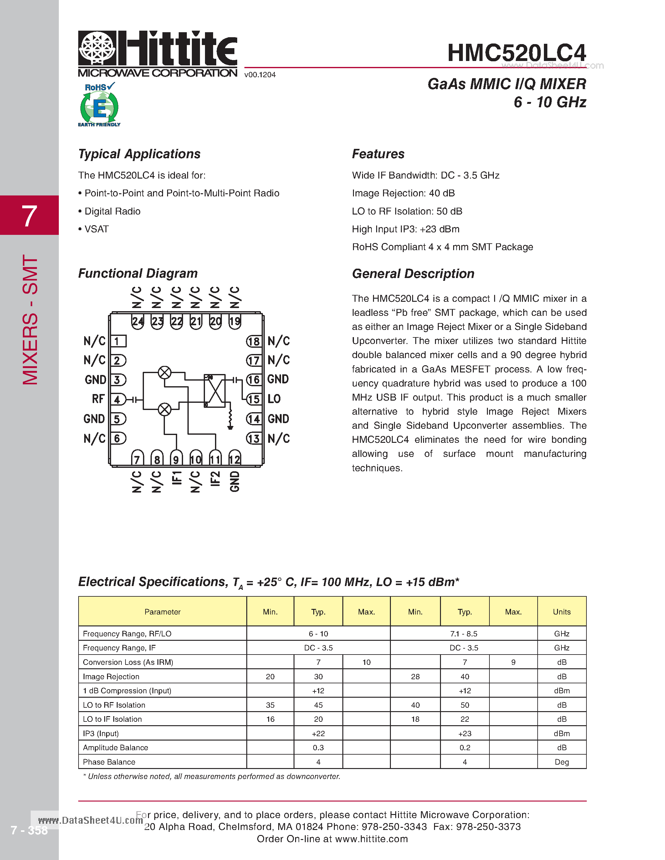 Даташит HMC520LC4 - GaAs MMIC I/Q MIXER 6 - 10 GHz страница 1