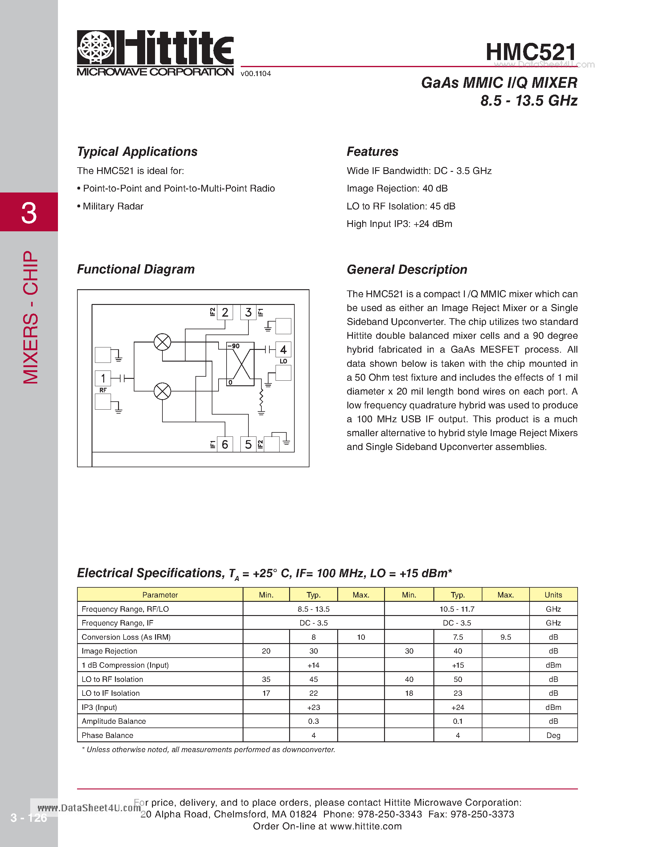 Datasheet HMC521 - GaAs MMIC I/Q MIXER 8.5 - 13.5 GHz page 1