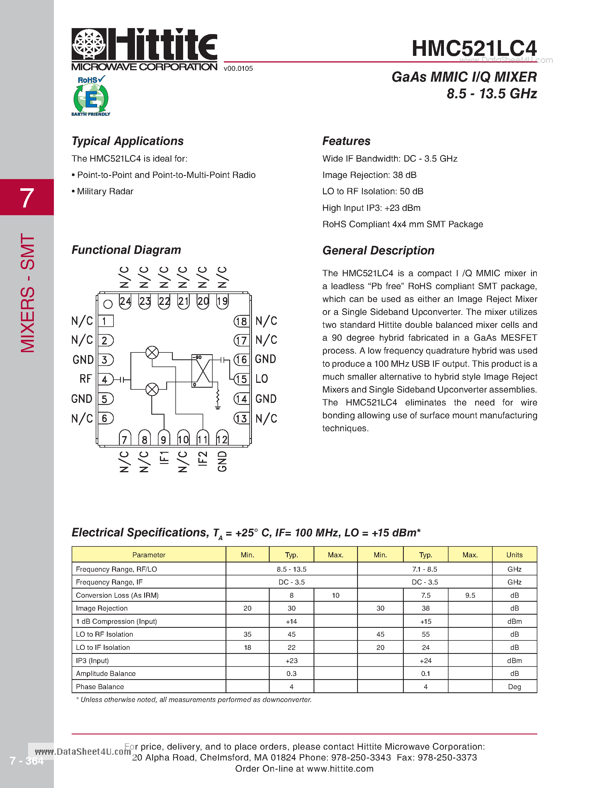 Даташит HMC521LC4 - GaAs MMIC I/Q MIXER 8.5 - 13.5 GHz страница 1