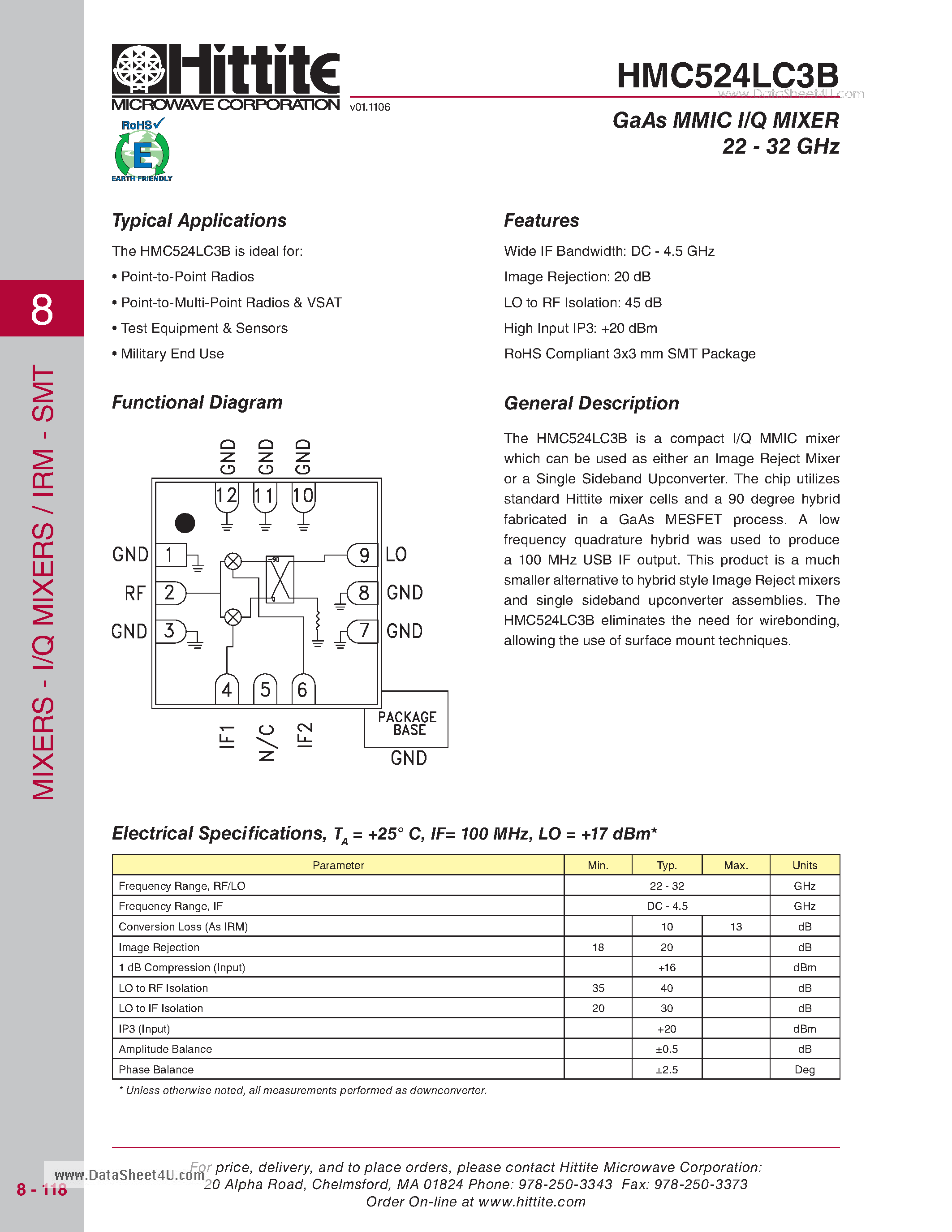 Datasheet HMC524LC3B - GaAs MMIC I/Q MIXER 22 - 32 GHz page 1