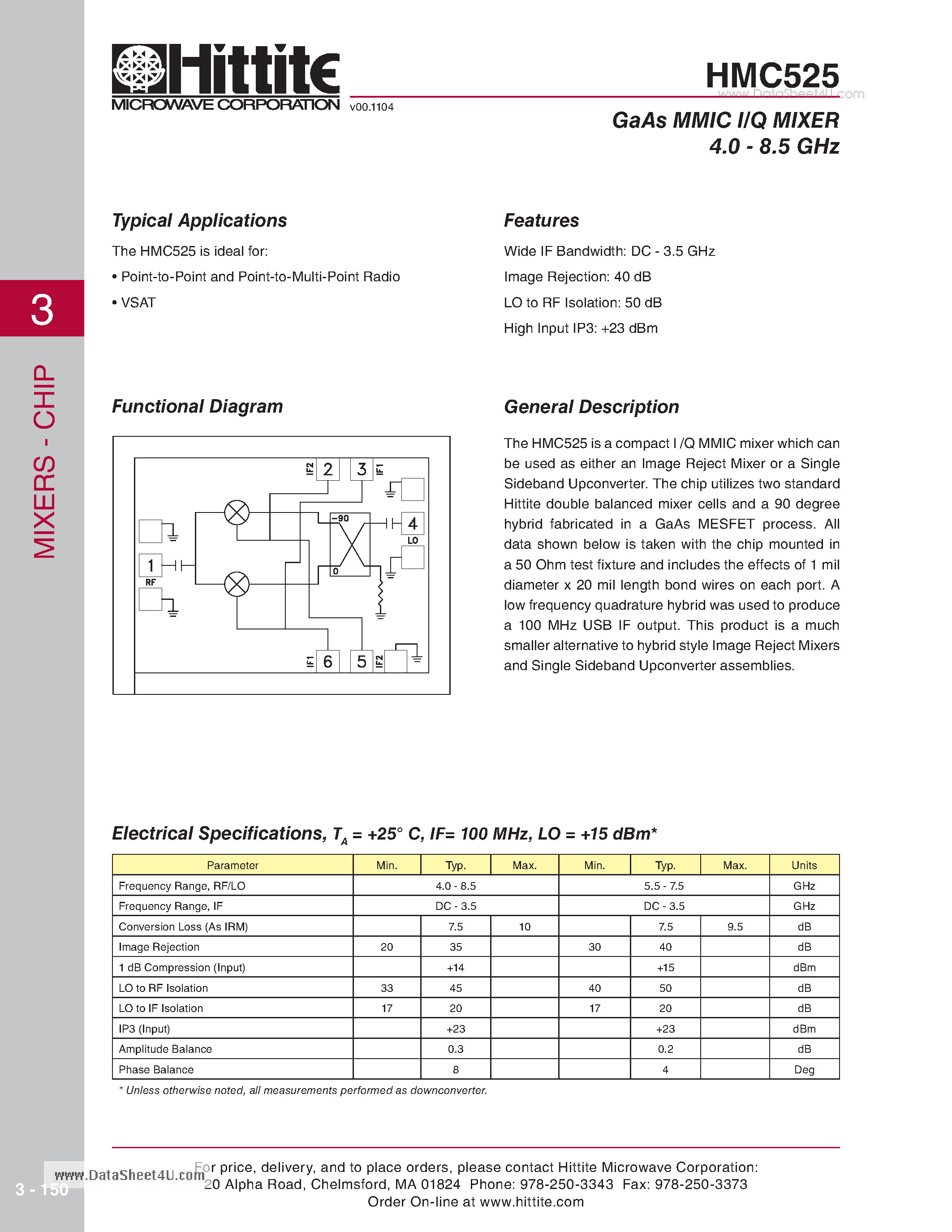 Даташит HMC525 - GaAs MMIC I/Q MIXER 4.0 - 8.5 GHz страница 1