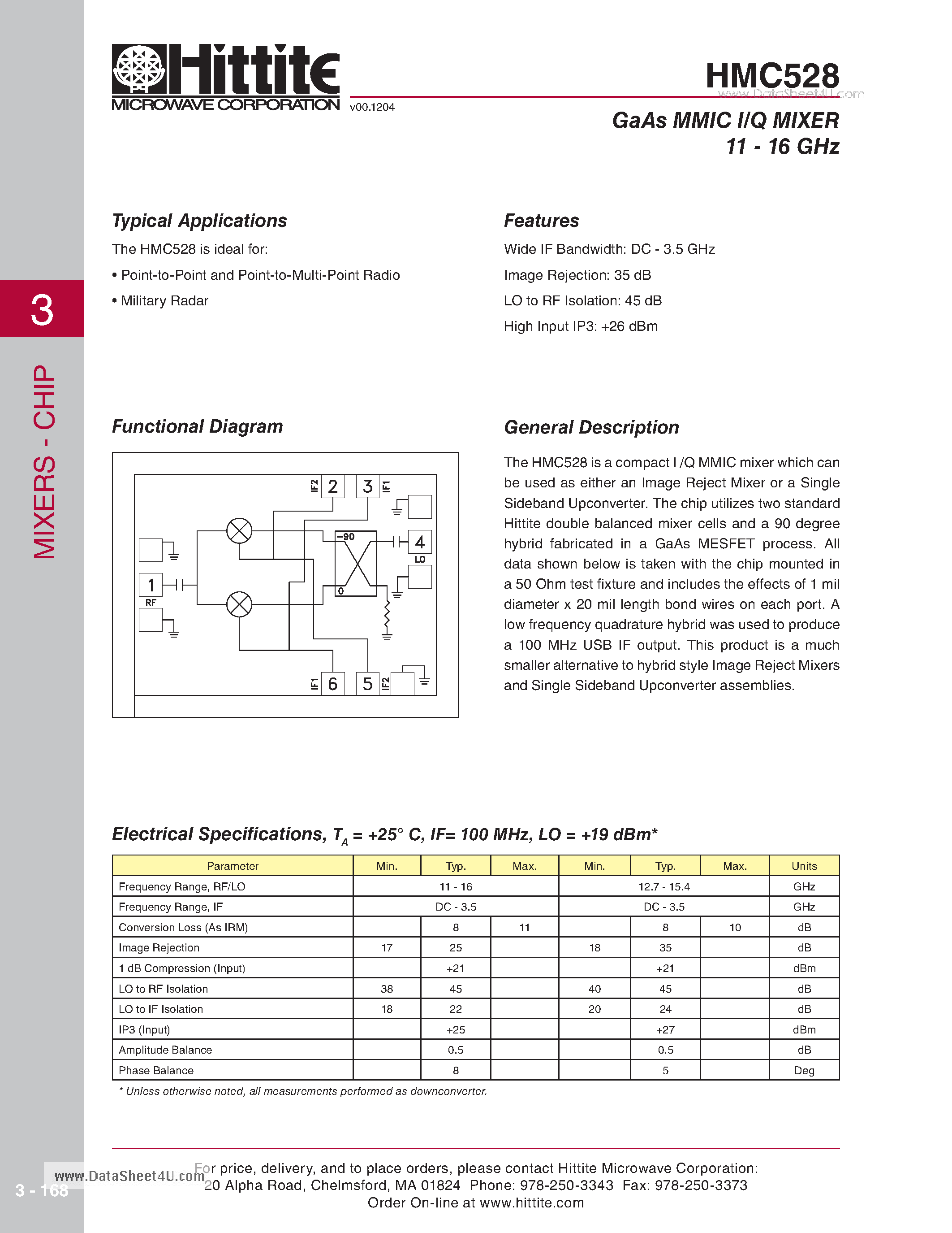 Даташит HMC528 - GaAs MMIC I/Q MIXER 11 - 16 GHz страница 1