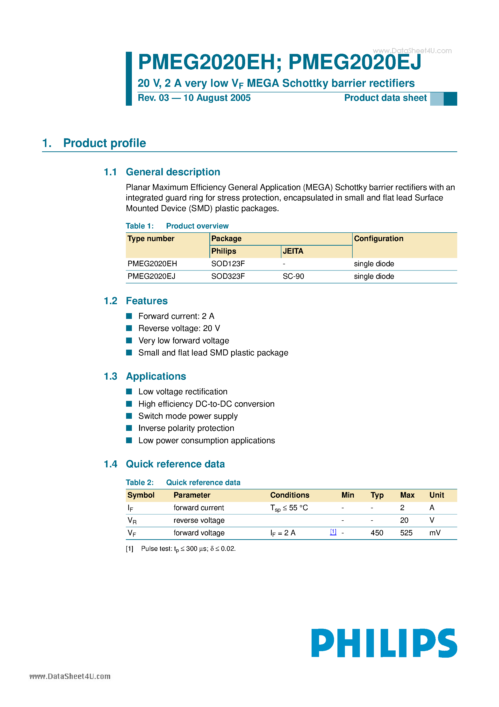 Даташит PMEG2020EH - 20 V/ 2 A very low VF MEGA Schottky barrier rectifiers страница 1
