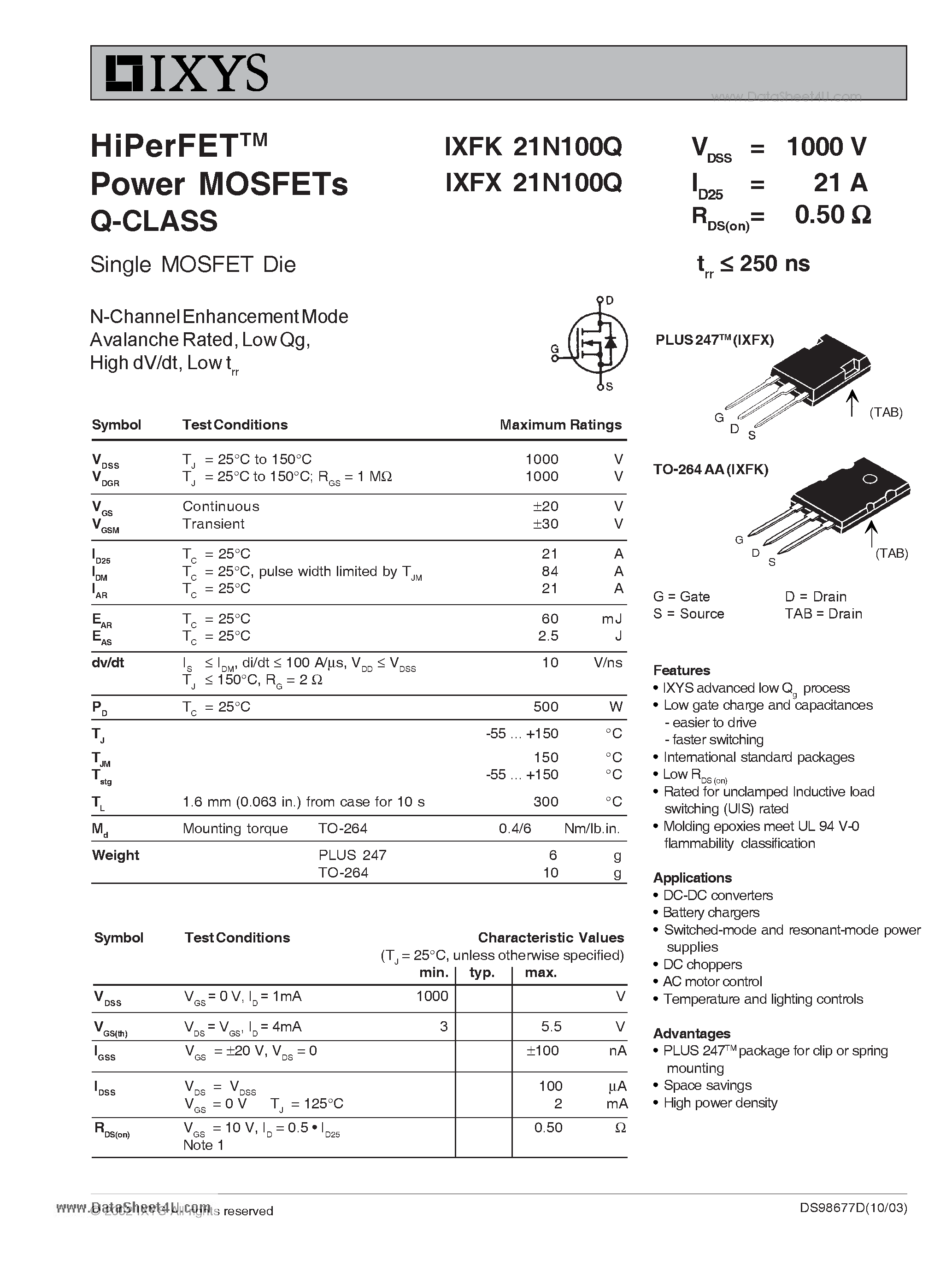 Datasheet IXFK21N100Q - HiPerFET Power MOSFETs Q-CLASS page 1