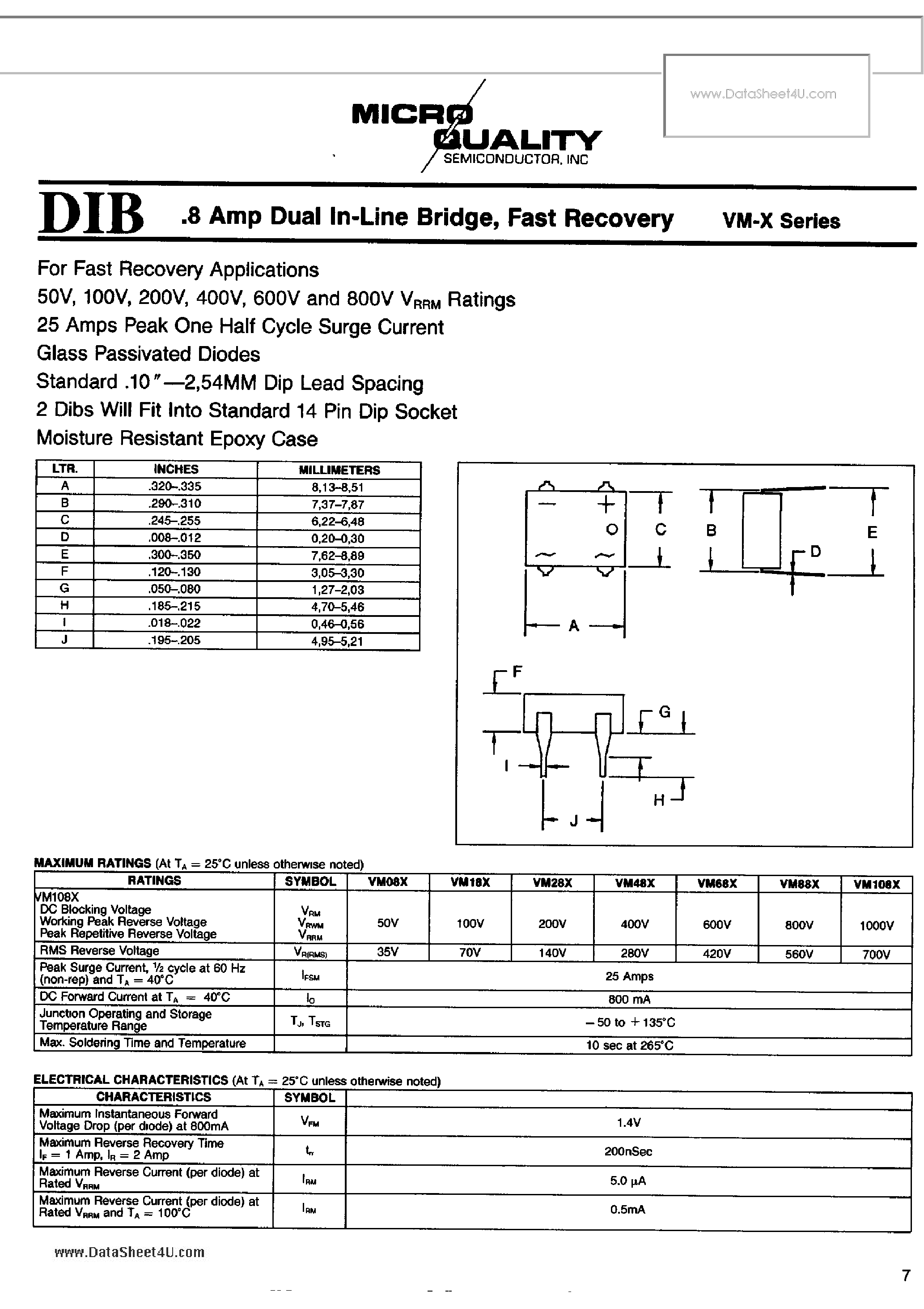 Даташит VM48X - 0.8 Amp Dual In Line Bridge страница 1