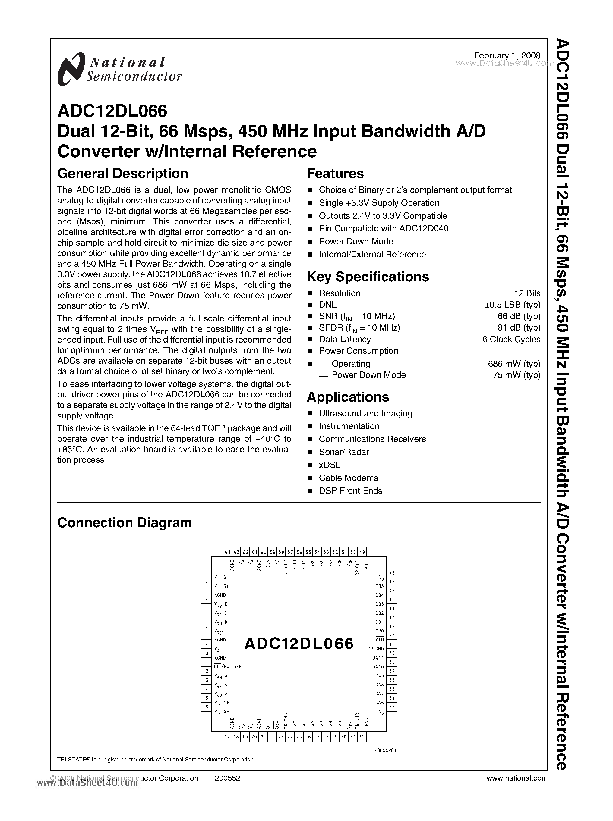 Даташит ADC12DL066 - Dual 12-Bit - 66Msps - 450MHz Input Bandwidth A/D Converter w/Internal Reference страница 1