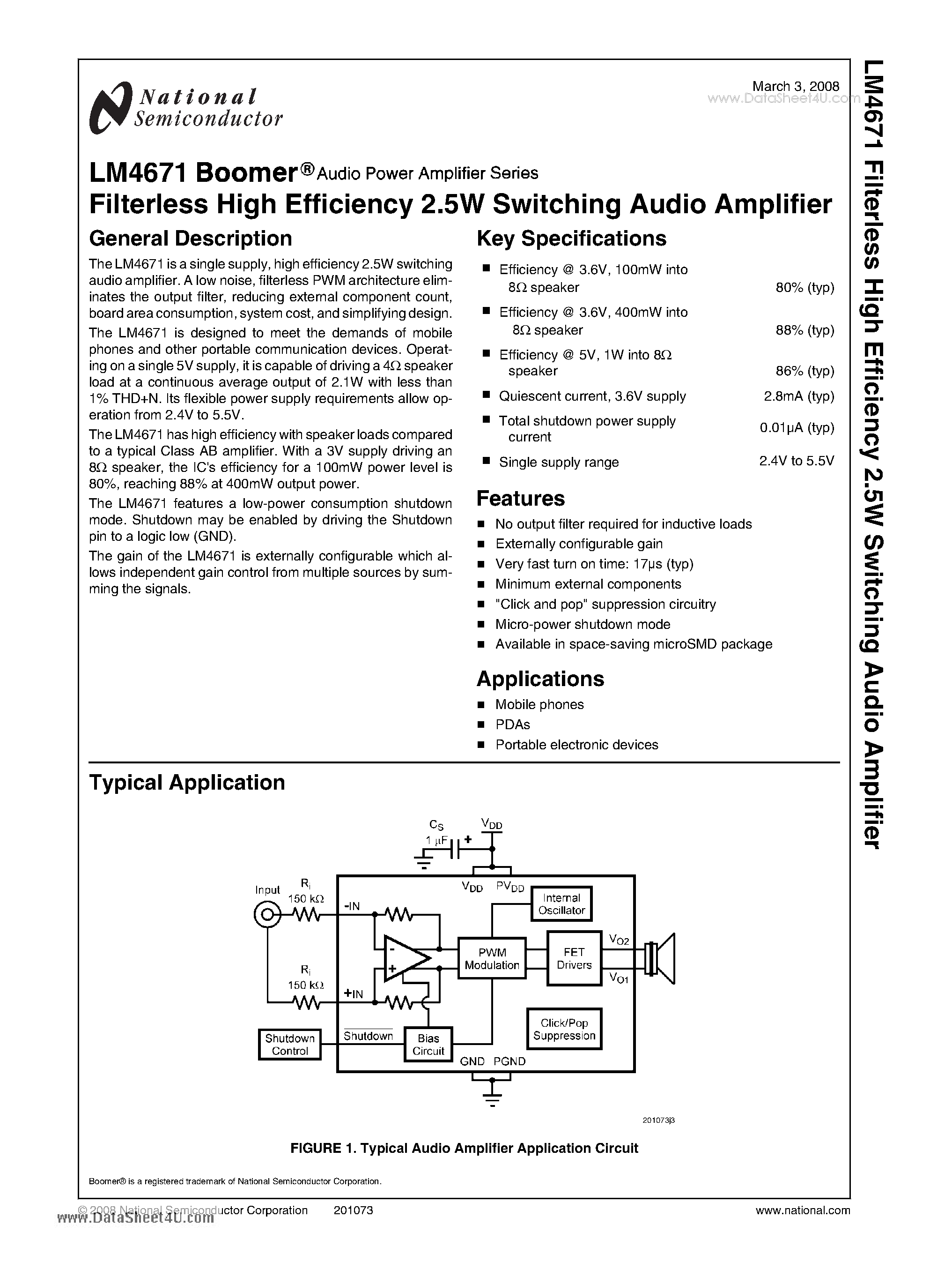 Даташит LM4671 - Filterless High Efficiency 2.5W Switching Audio Amplifier страница 1