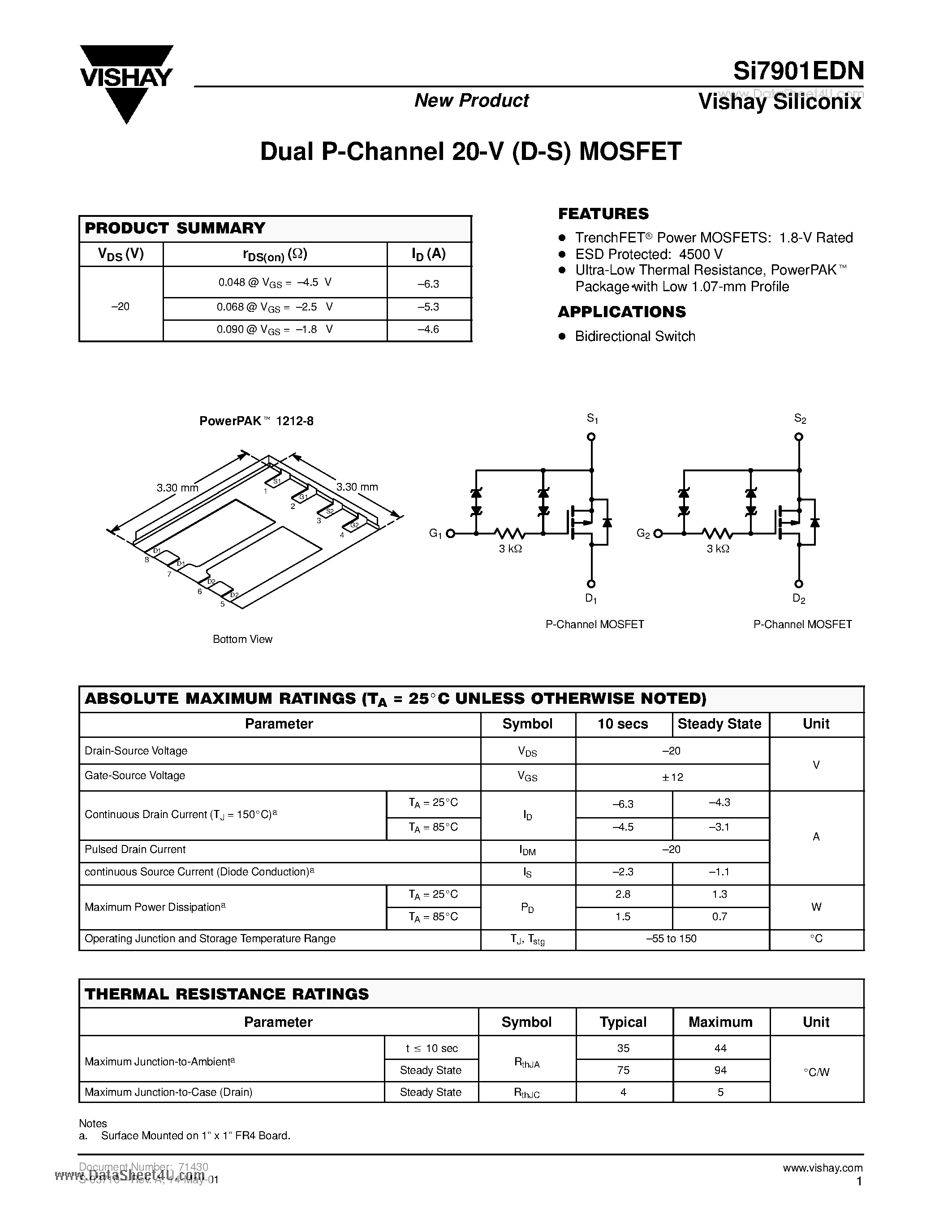 Даташит SI7901EDN - Dual P-Channel 20-V (D-S) MOSFET страница 1