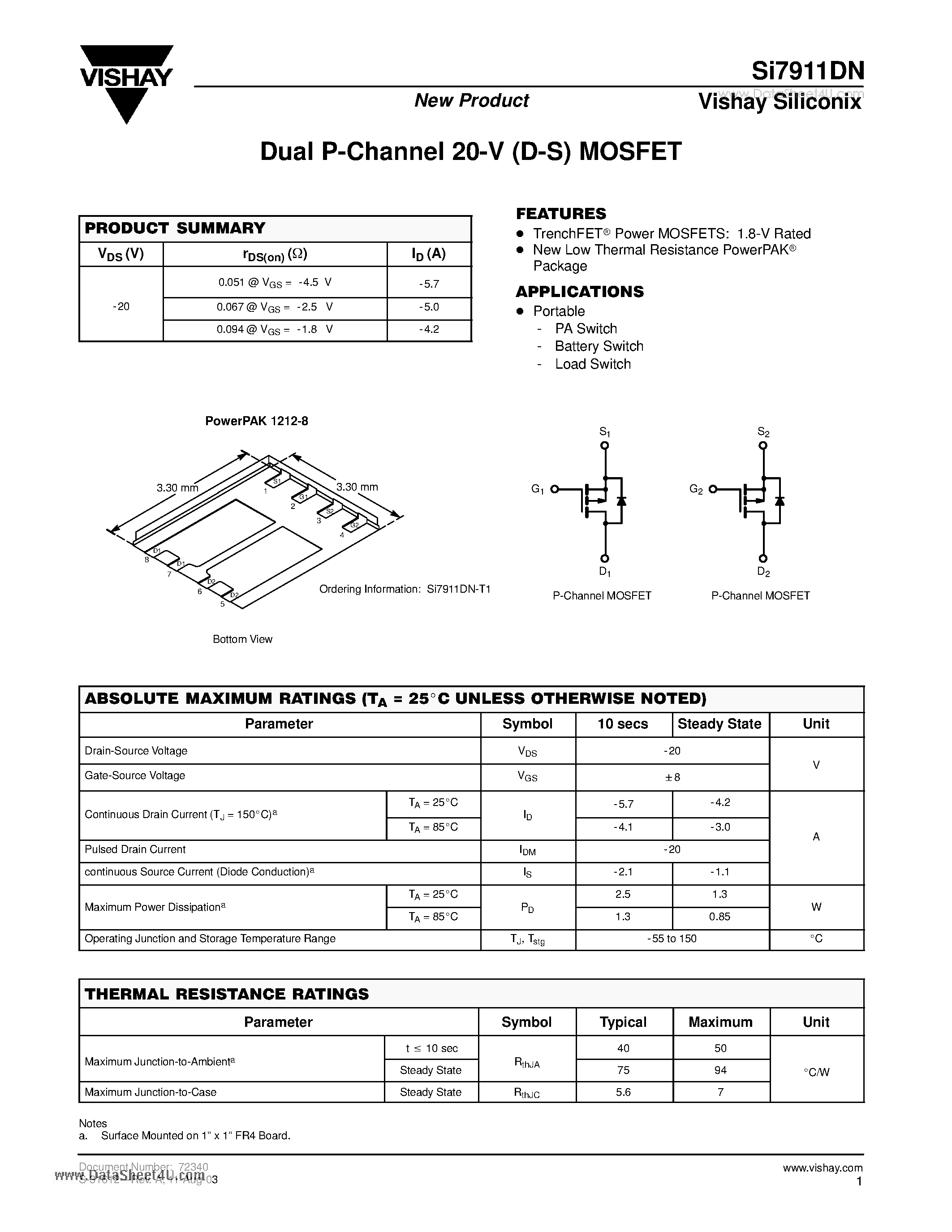 Даташит SI7911DN - Dual P-Channel 20-V (D-S) MOSFET страница 1