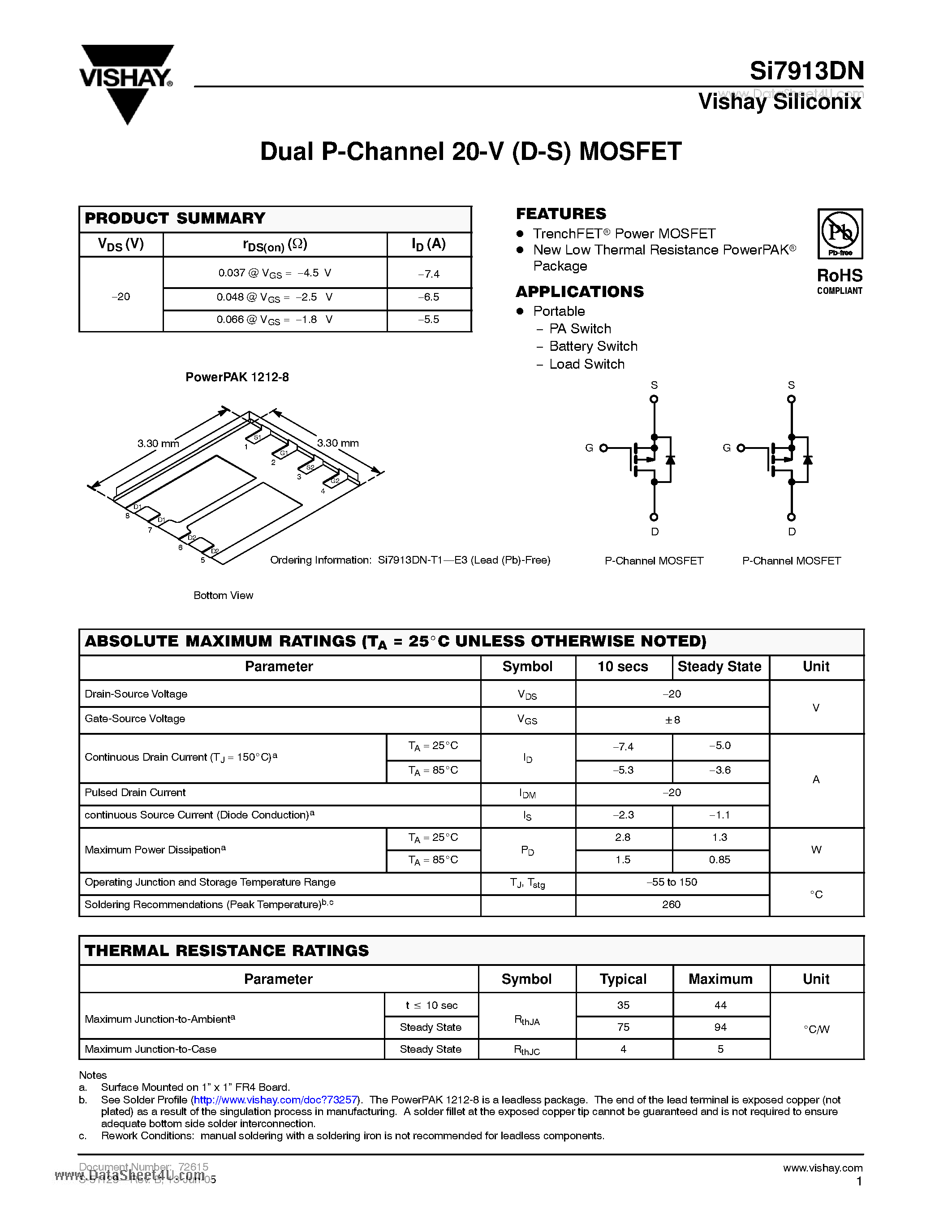 Даташит SI7913DN - Dual P-Channel 20-V (D-S) MOSFET страница 1