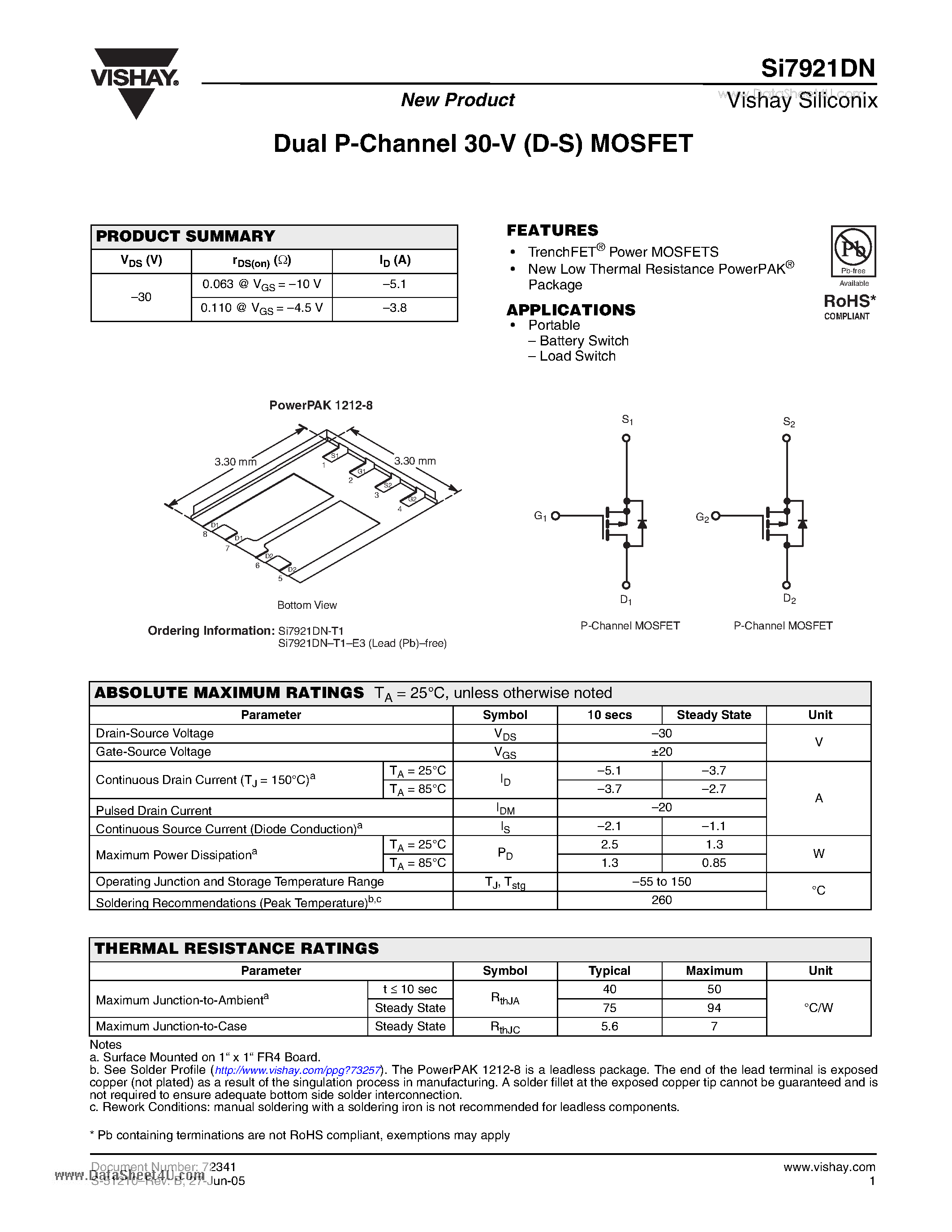 Даташит SI7921DN - Dual P-Channel 30-V (D-S) MOSFET страница 1