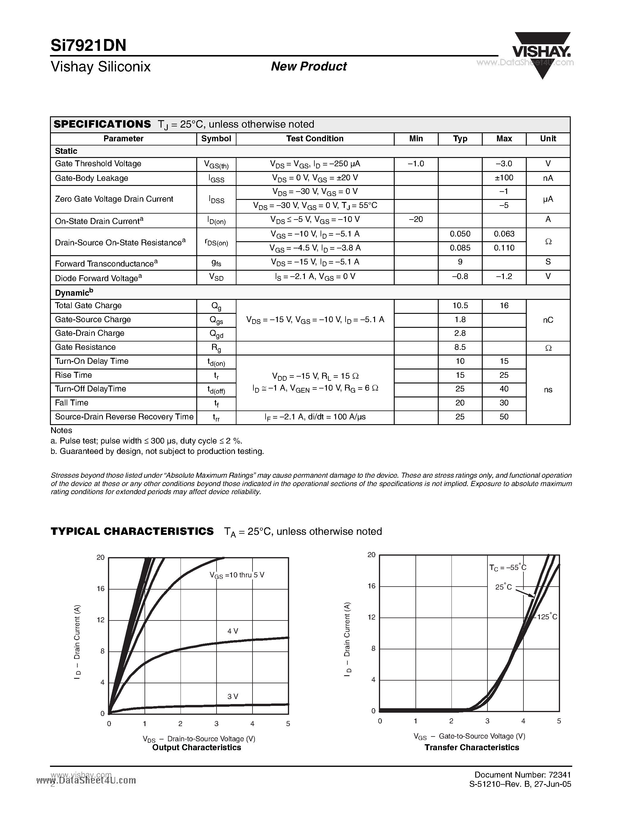 Даташит SI7921DN - Dual P-Channel 30-V (D-S) MOSFET страница 2