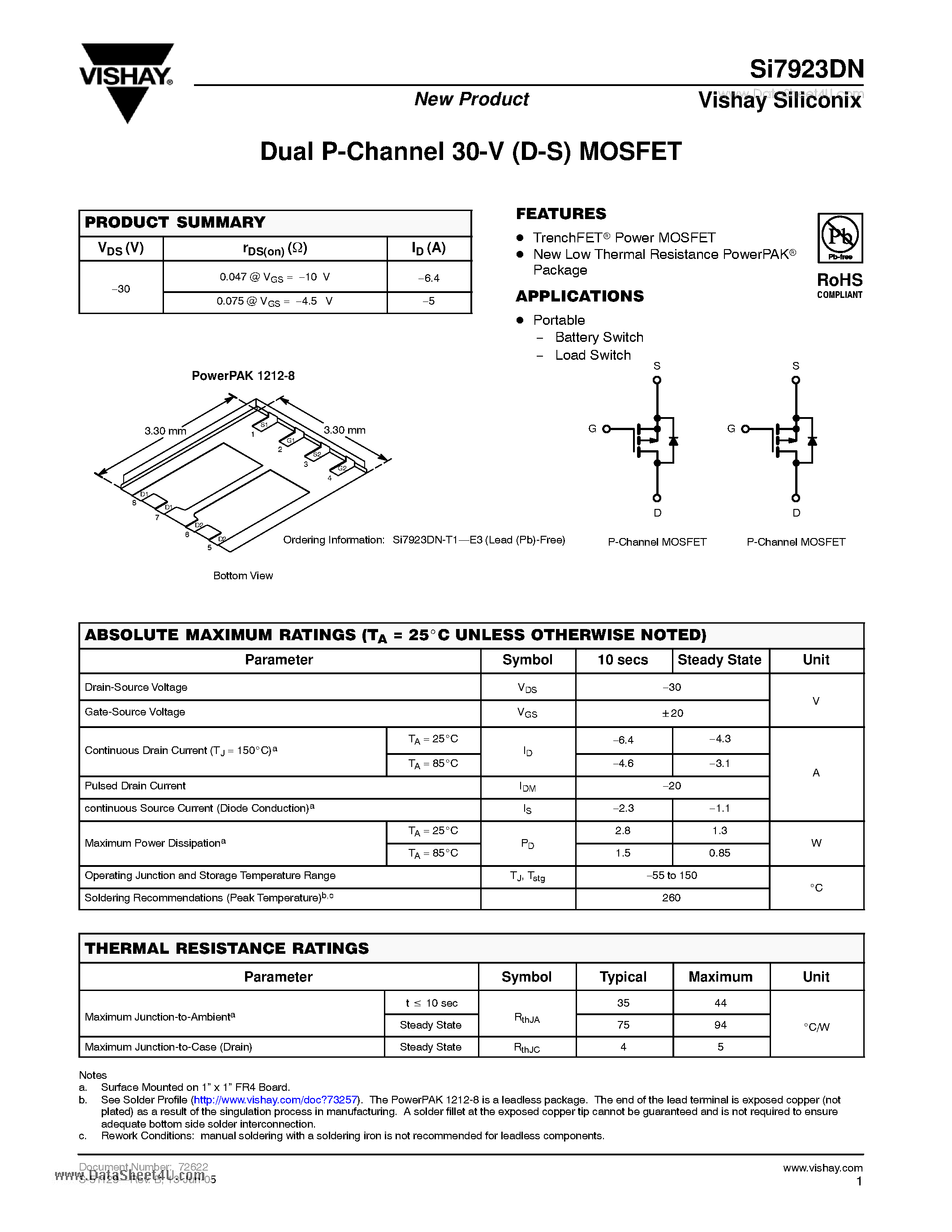 Даташит SI7923DN - Dual P-Channel 30-V (D-S) MOSFET страница 1