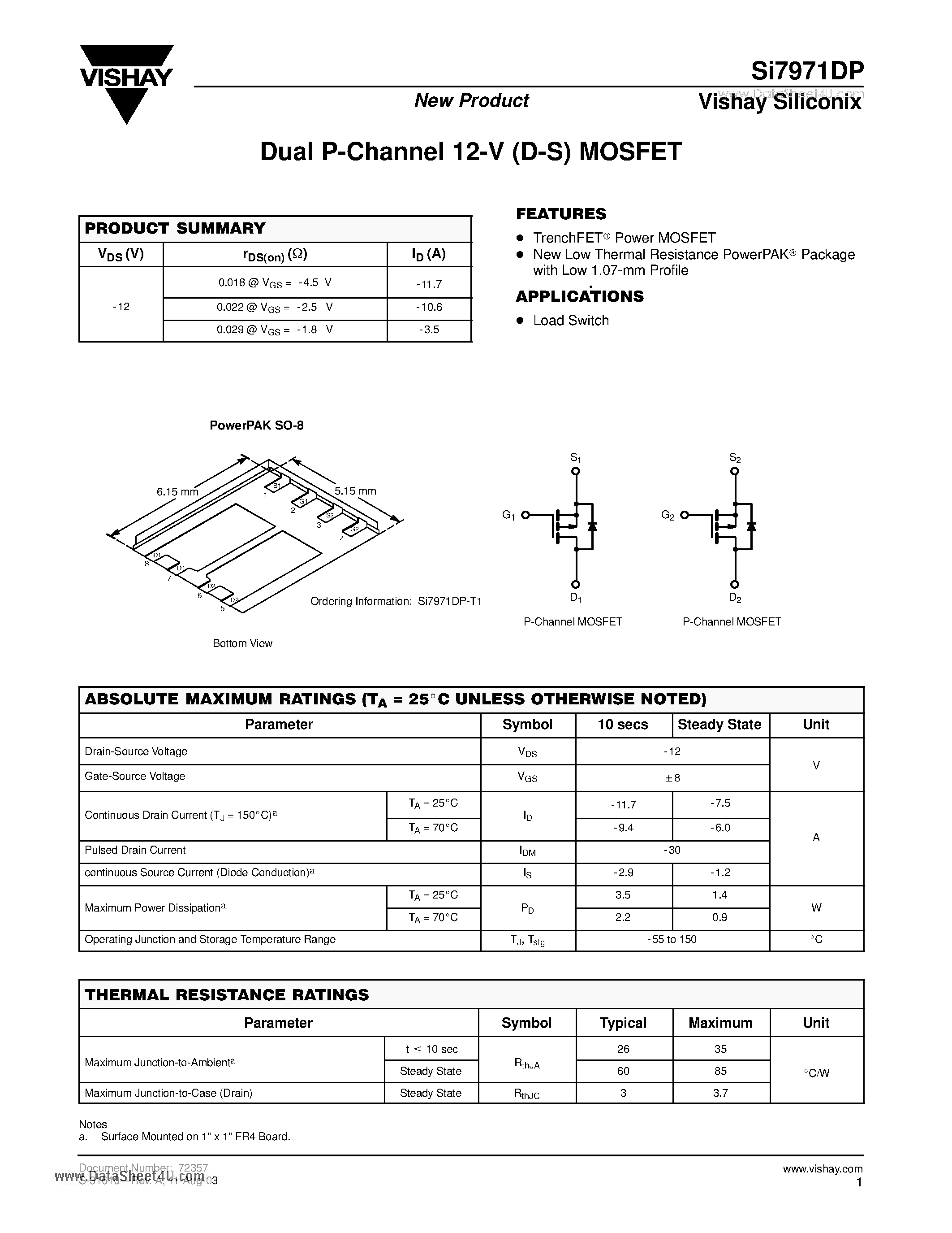 Даташит SI7971DP - Dual P-Channel 12-V (D-S) MOSFET страница 1