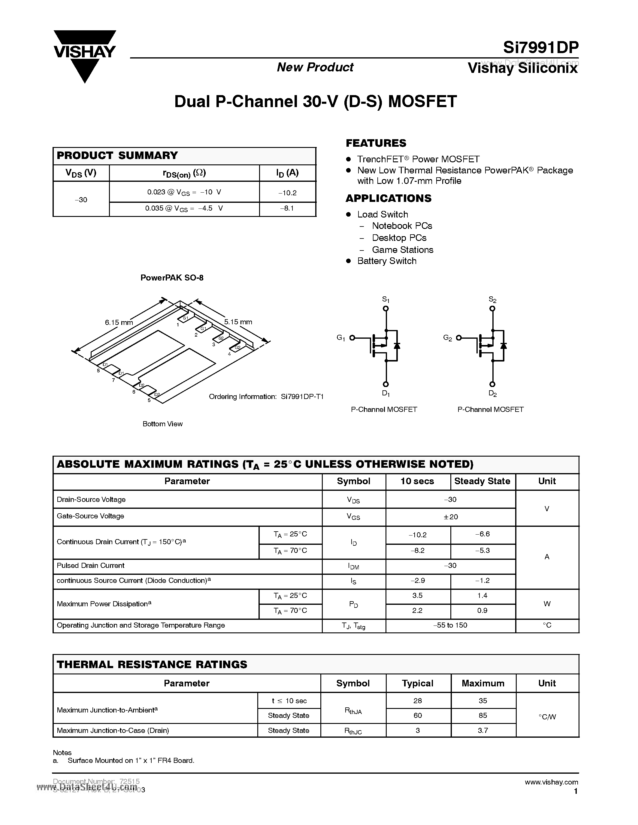 Даташит SI7991DP - Dual P-Channel 30-V (D-S) MOSFET страница 1