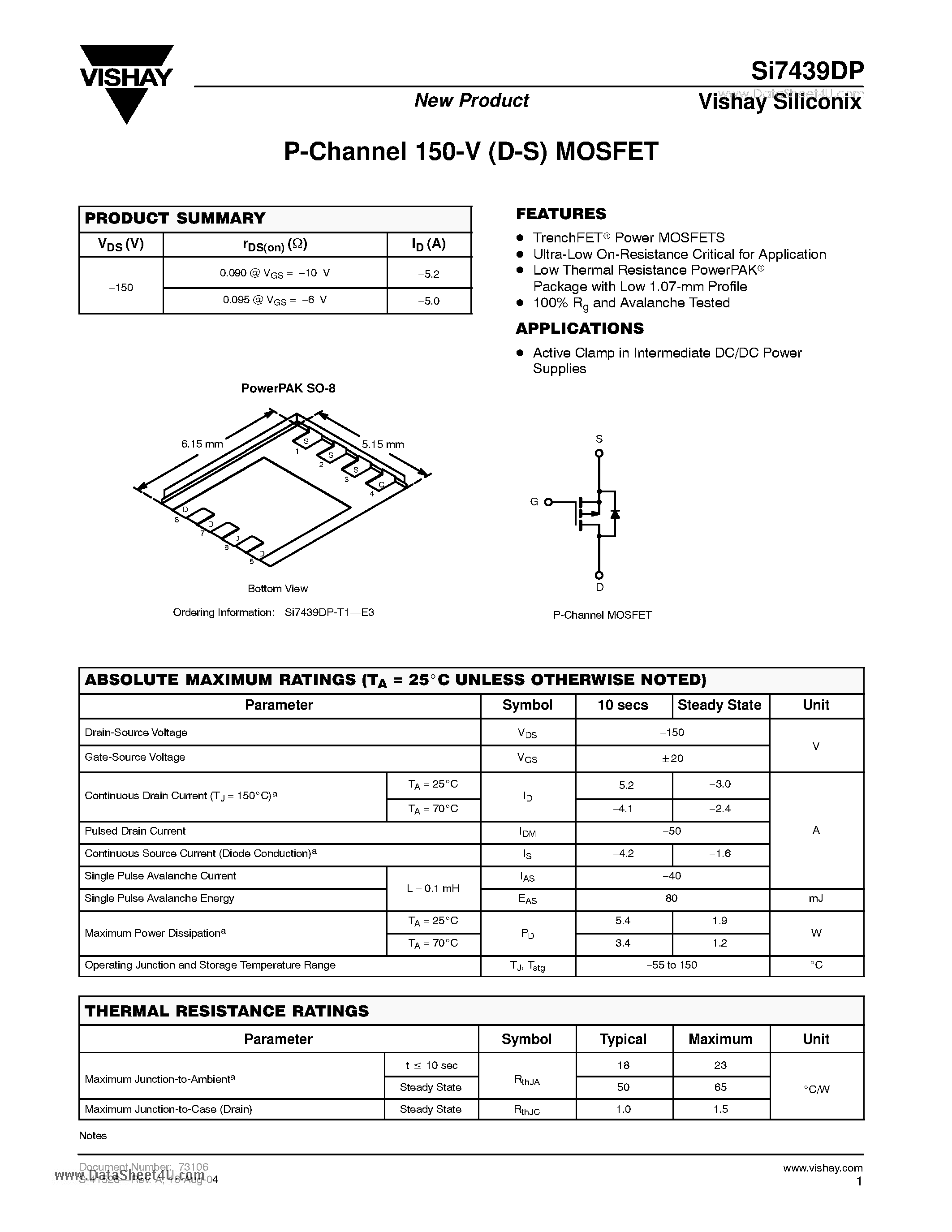 Даташит SI7439DP - P-Channel 150-V (D-S) MOSFET страница 1