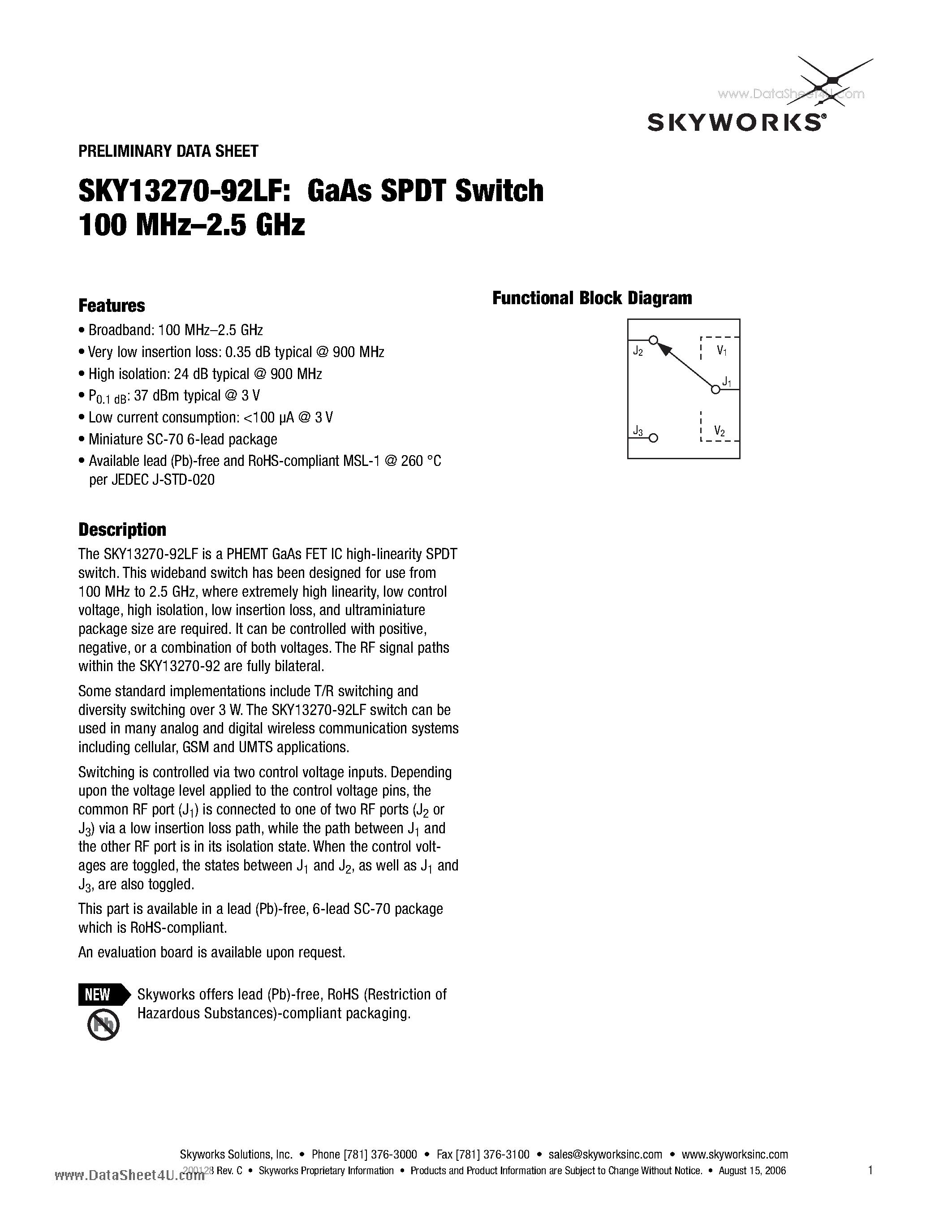 Даташит SKY13270-92LF - GaAs SPDT Switch 100 MHz-2.5 GHz страница 1