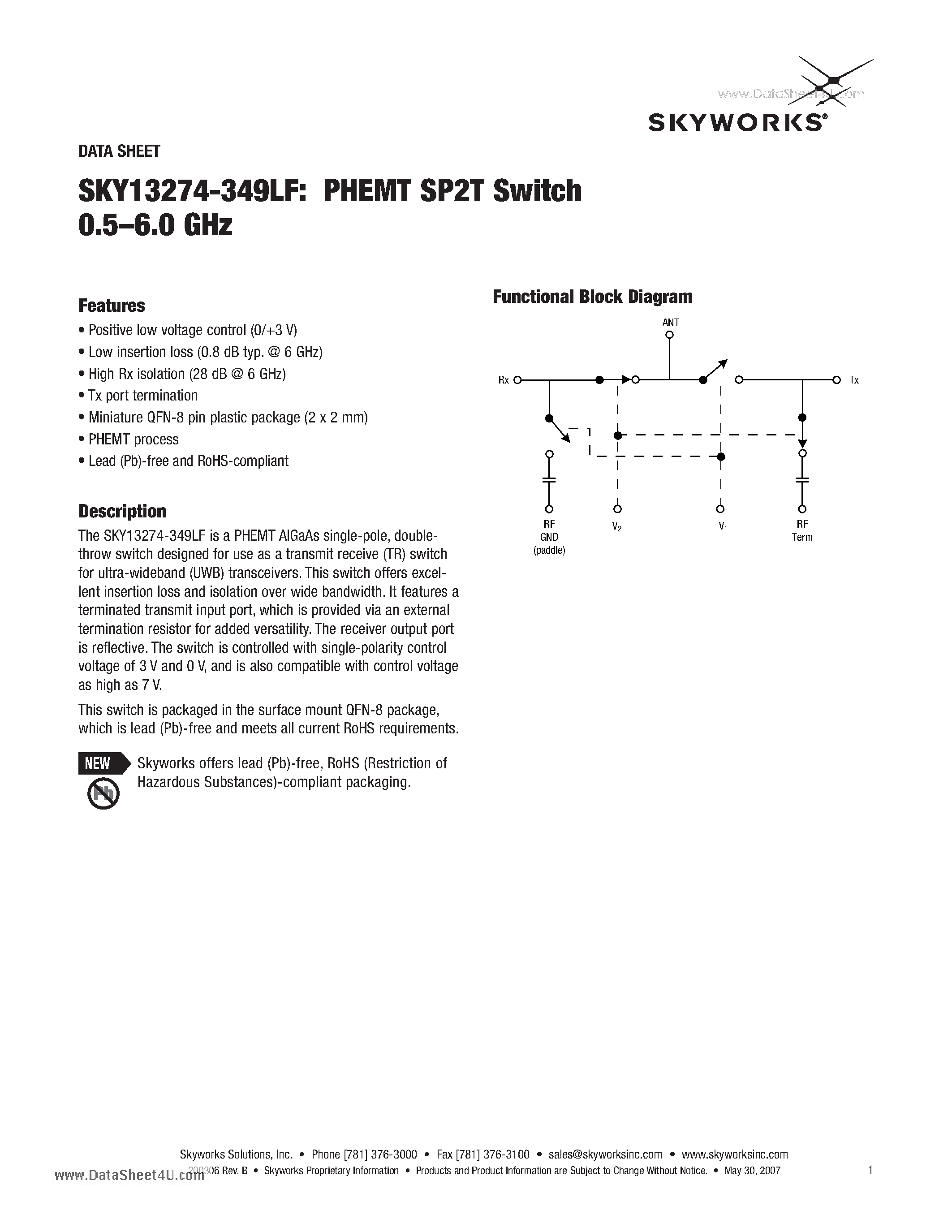 Даташит SKY13274-349LF - PHEMT SP2T Switch 0.5-6.0 GHz страница 1