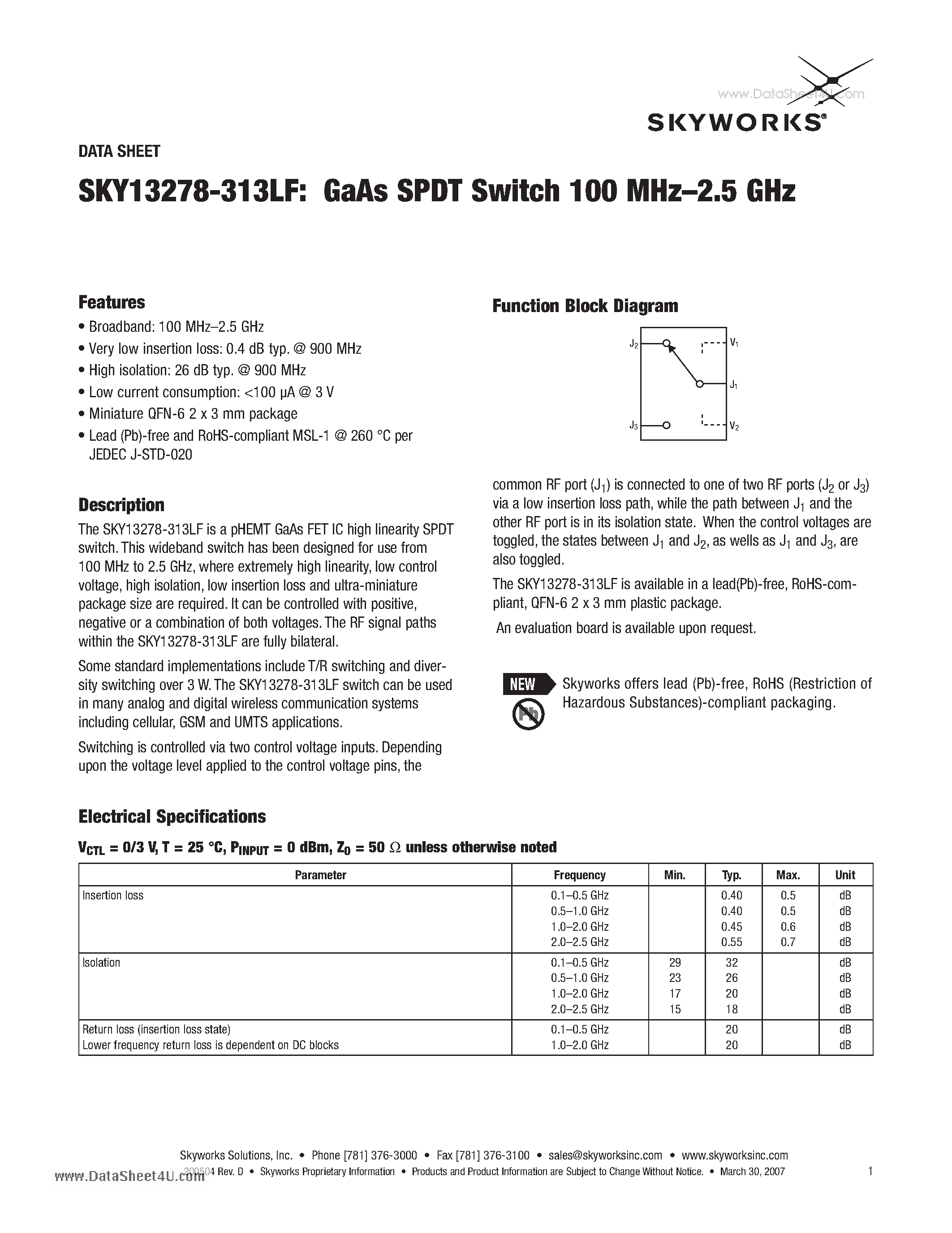 Даташит SKY13278-313LF - GaAs SPDT Switch 100 MHz-2.5 GHz страница 1