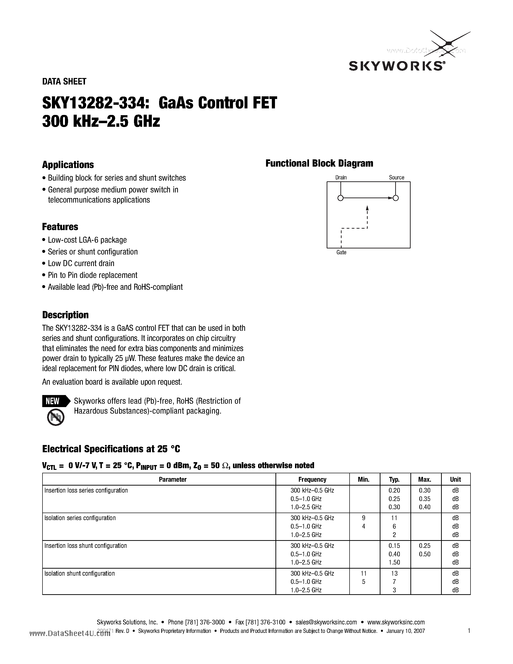 Даташит SKY13282-334 - GaAs Control FET 300 kHz-2.5 GHz страница 1