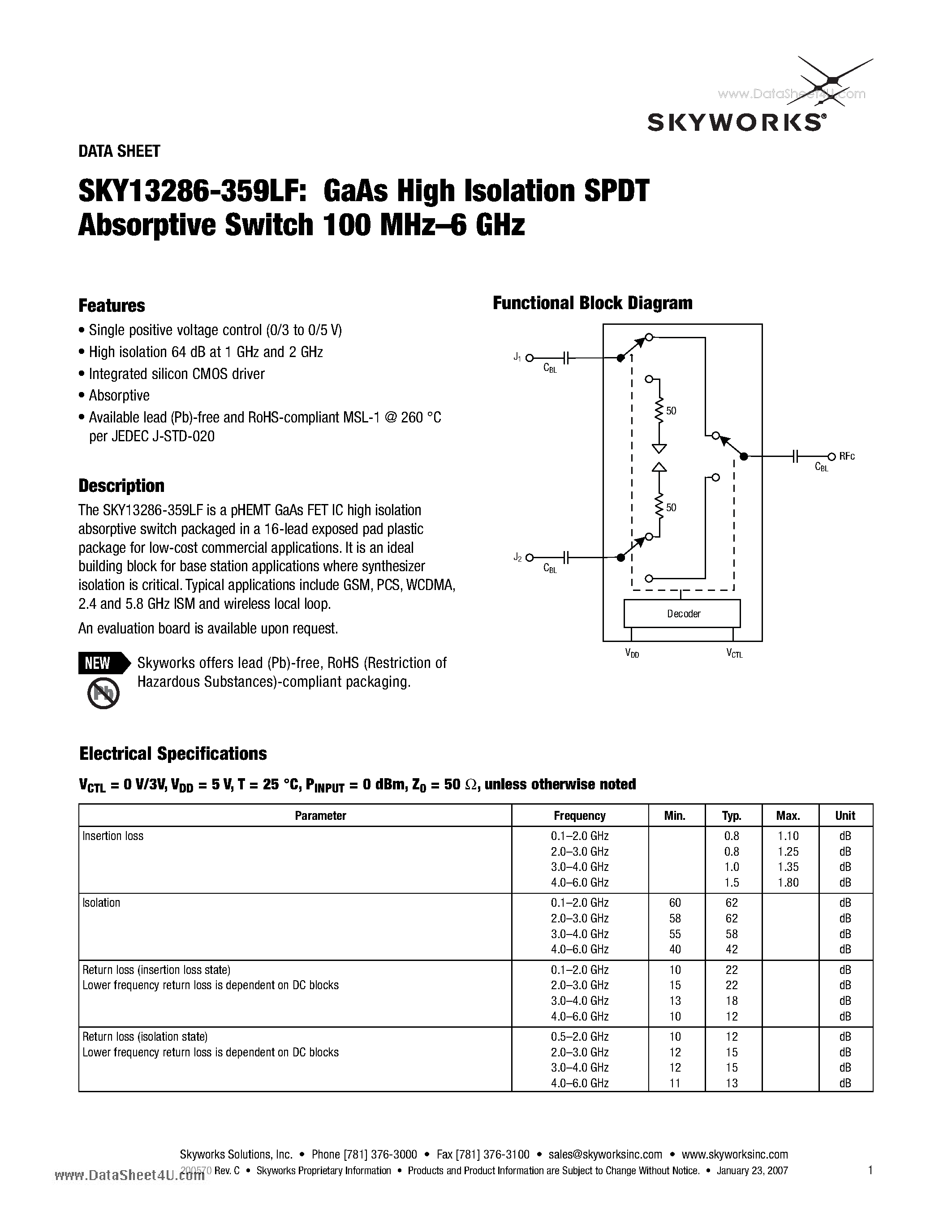 Даташит SKY13286-359LF - GaAs High Isolation SPDT Absorptive Switch 100 MHz-6 GHz страница 1