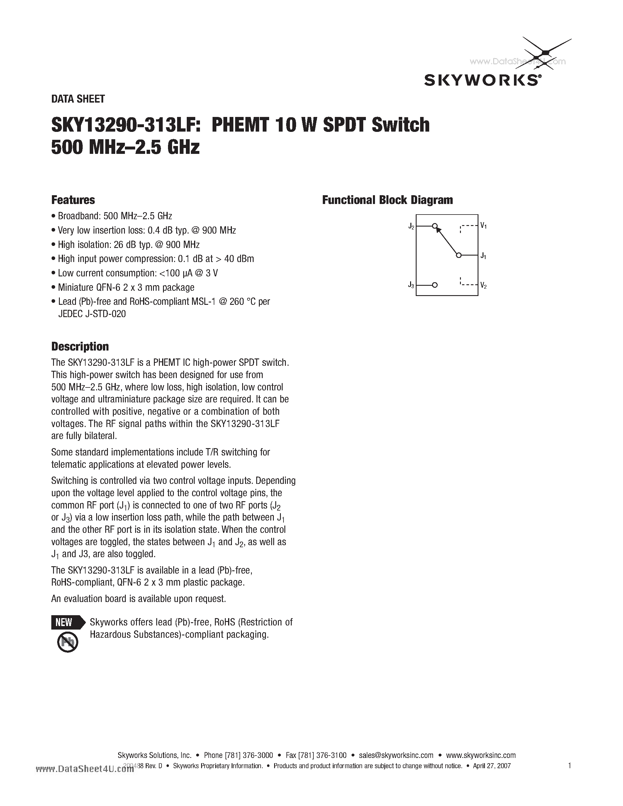 Даташит SKY13290-313LF - PHEMT 10W SPDT Switch 500MHz - 2.5GHz страница 1