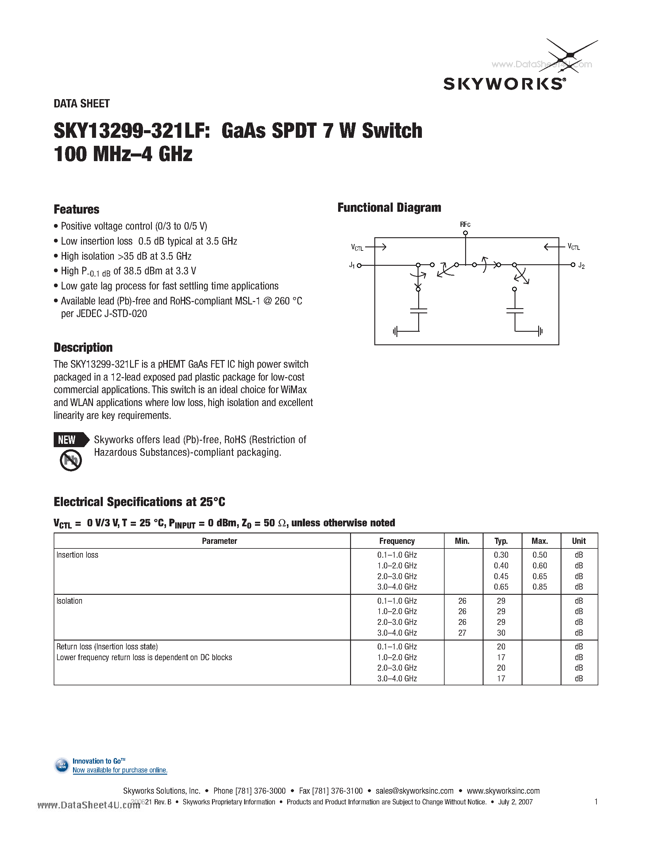 Даташит SKY13299-321LF - GaAs SPDT 7 W Switch 100 MHz-4 GHz страница 1