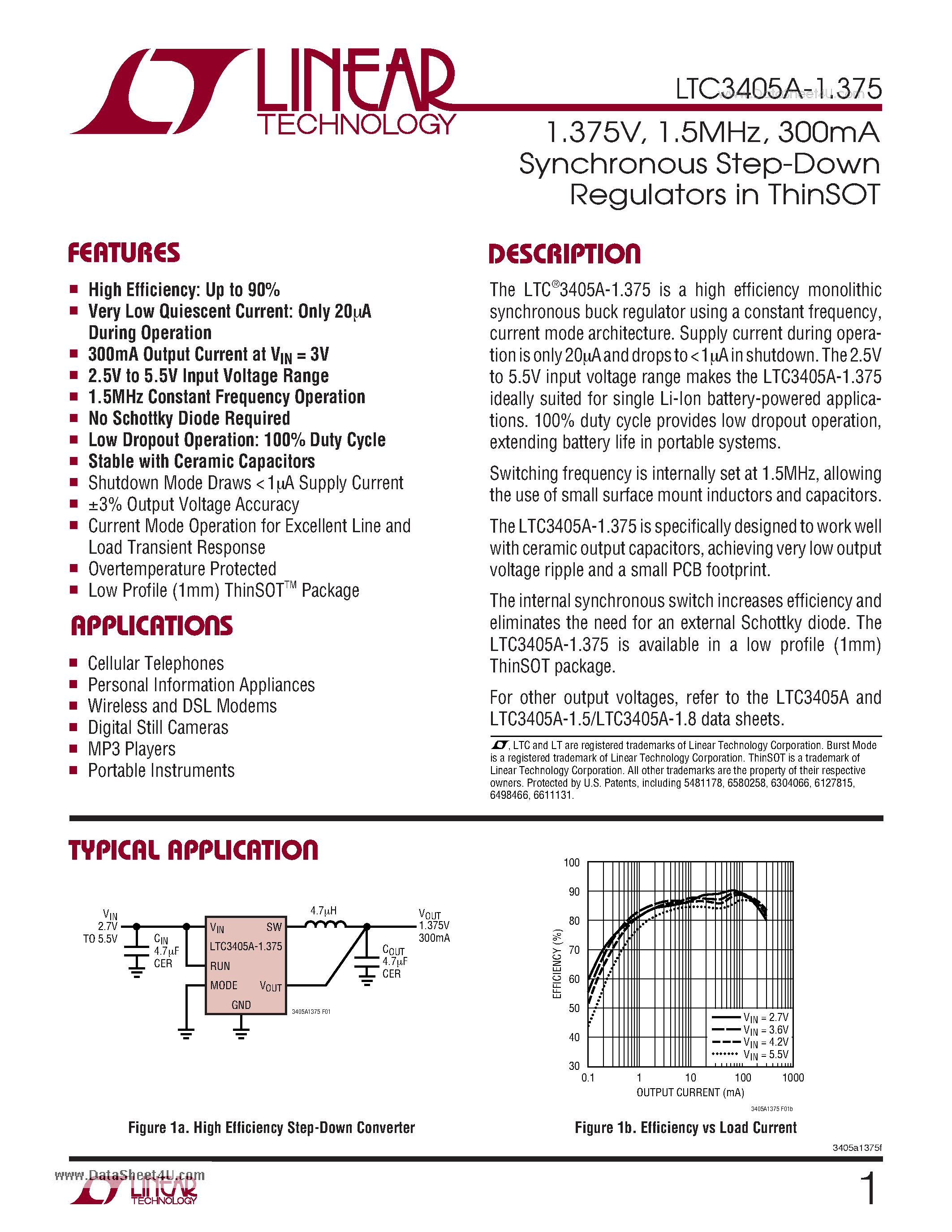 Даташит LTC3405A-1.375 - 1.375V / 1.5MHz - 300mA Synchronous Step-Down Regulators in ThinSOT страница 1