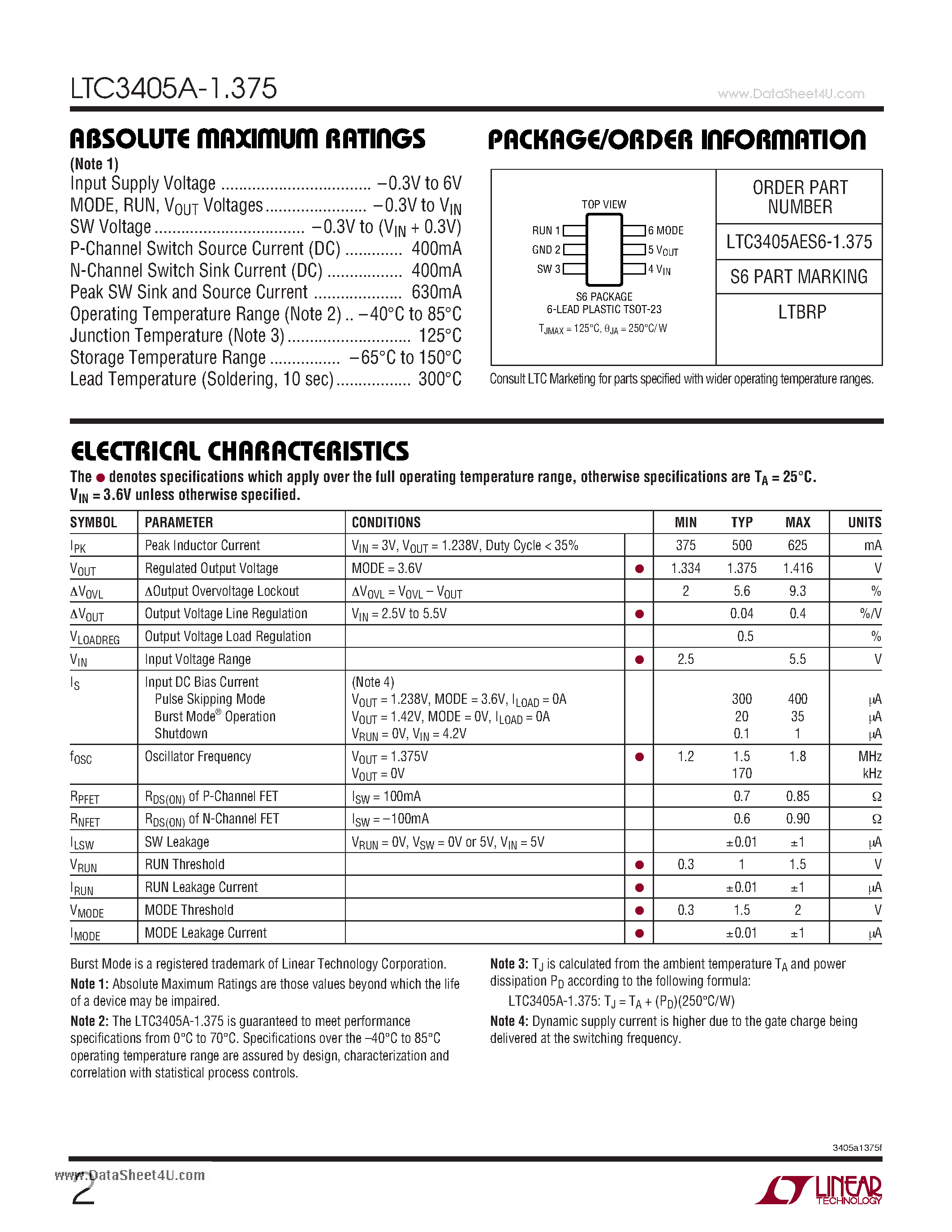 Даташит LTC3405A-1.375 - 1.375V / 1.5MHz - 300mA Synchronous Step-Down Regulators in ThinSOT страница 2