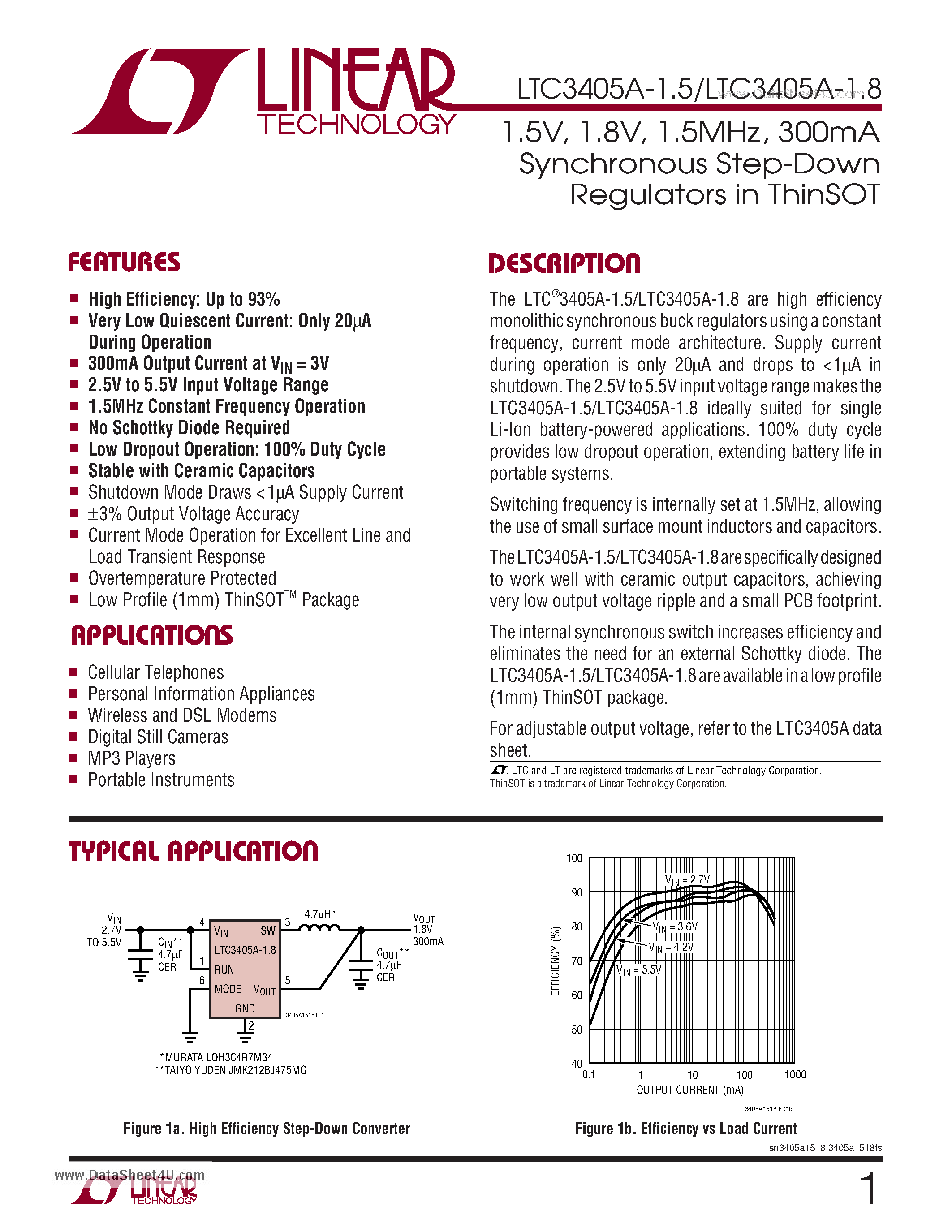 Даташит LTC3405A-1.5 - 1.5V / 1.8V / 1.5MHz - 300mA Synchronous Step-Down Regulators in ThinSOT страница 1